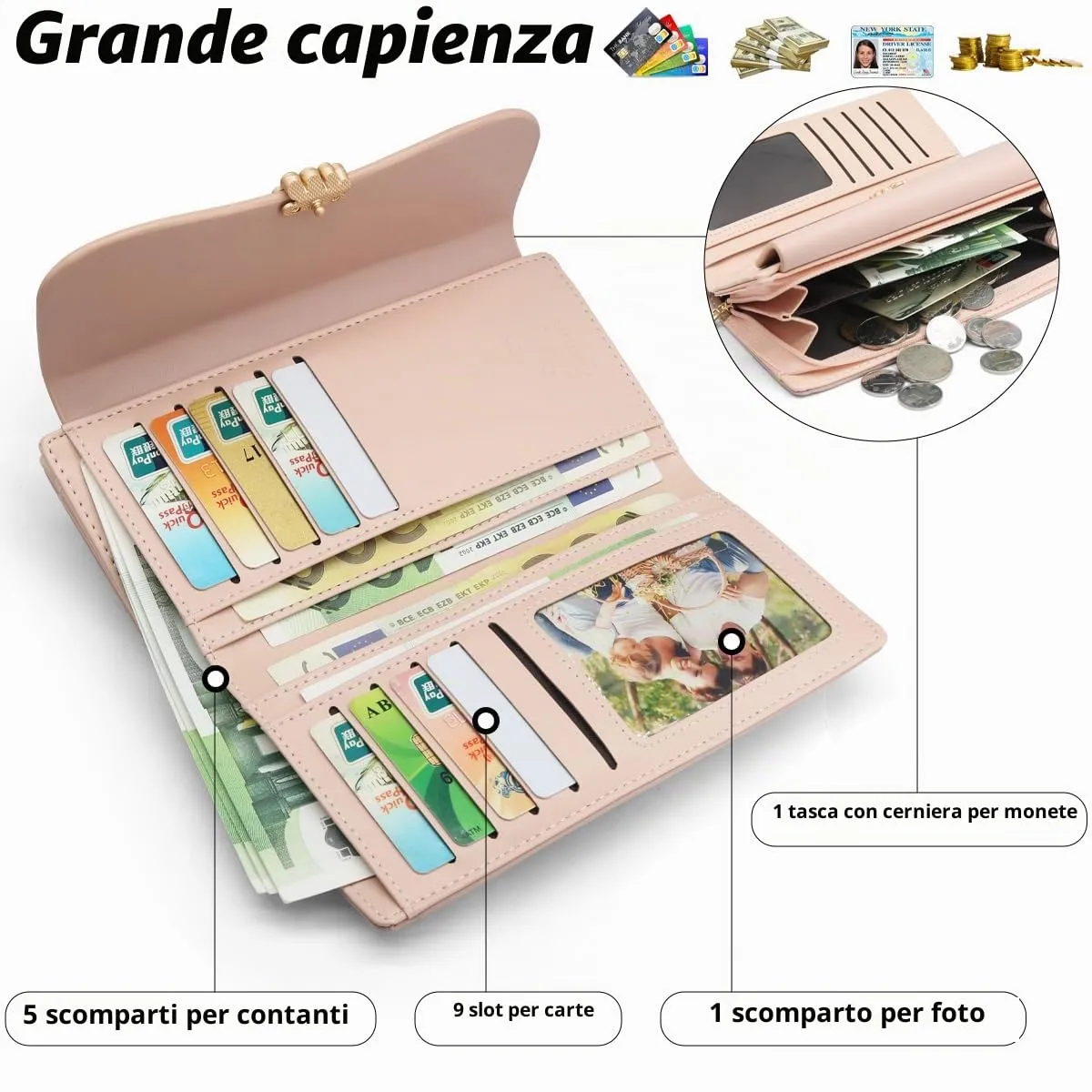 REETEE Portafoglio Donna in Pelle PU Formato Lungo con Cerniera e 10 Porta Carte - L-Rosa - immagine 2