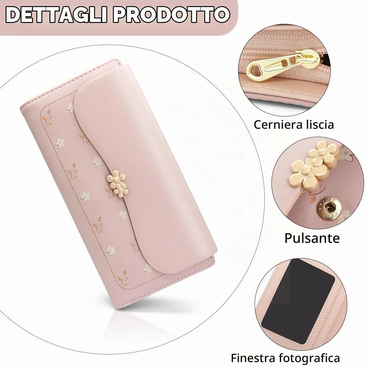 REETEE Portafoglio Donna in Pelle PU Formato Lungo con Cerniera e 10 Porta Carte - L-Rosa - immagine 3