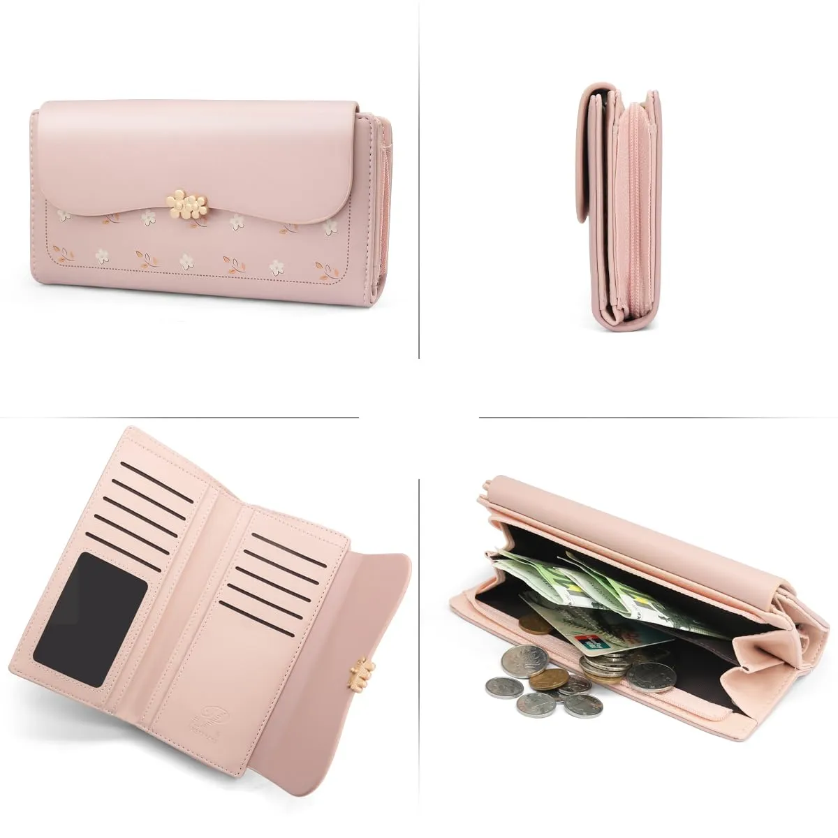 REETEE Portafoglio Donna in Pelle PU Formato Lungo con Cerniera e 10 Porta Carte - L-Rosa - immagine 5