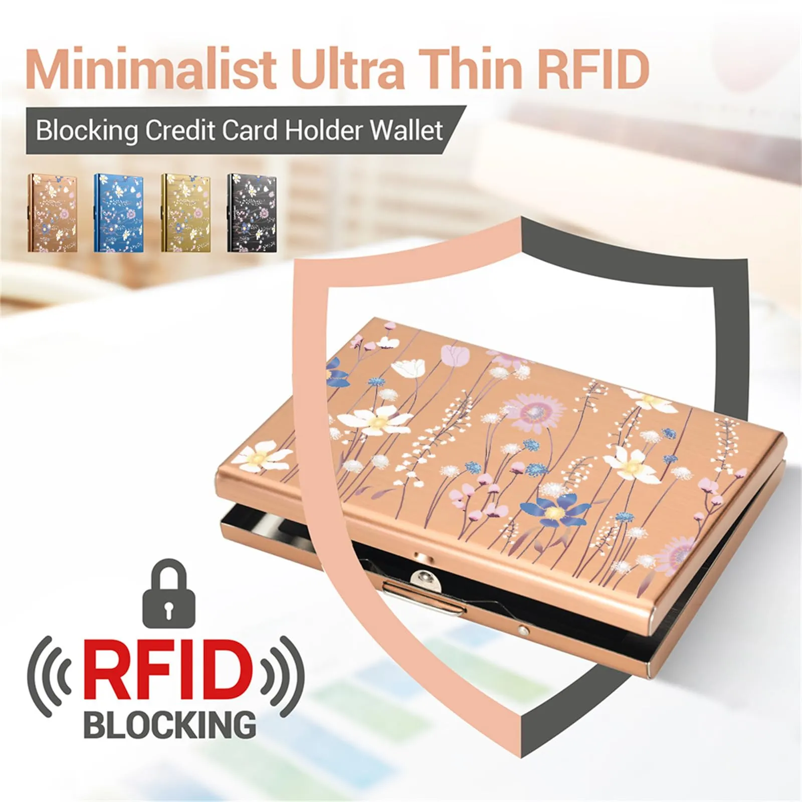 BONSYL Porta Carte di Credito in Acciaio Inossidabile con Blocco RFID, 6 Scomparti, Oro Rosa Fiore - immagine 2