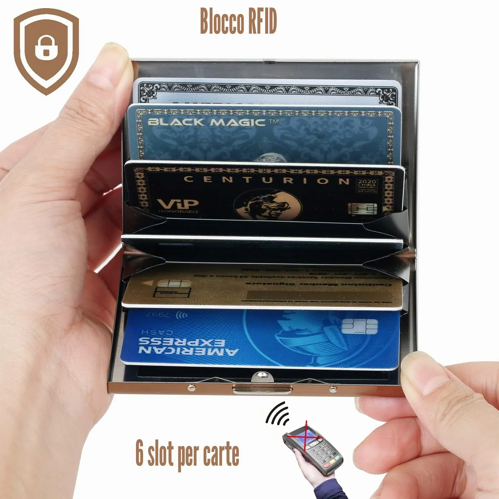 BONSYL Porta Carte di Credito in Acciaio Inossidabile con Blocco RFID, 6 Scomparti, Oro Rosa Fiore - immagine 3