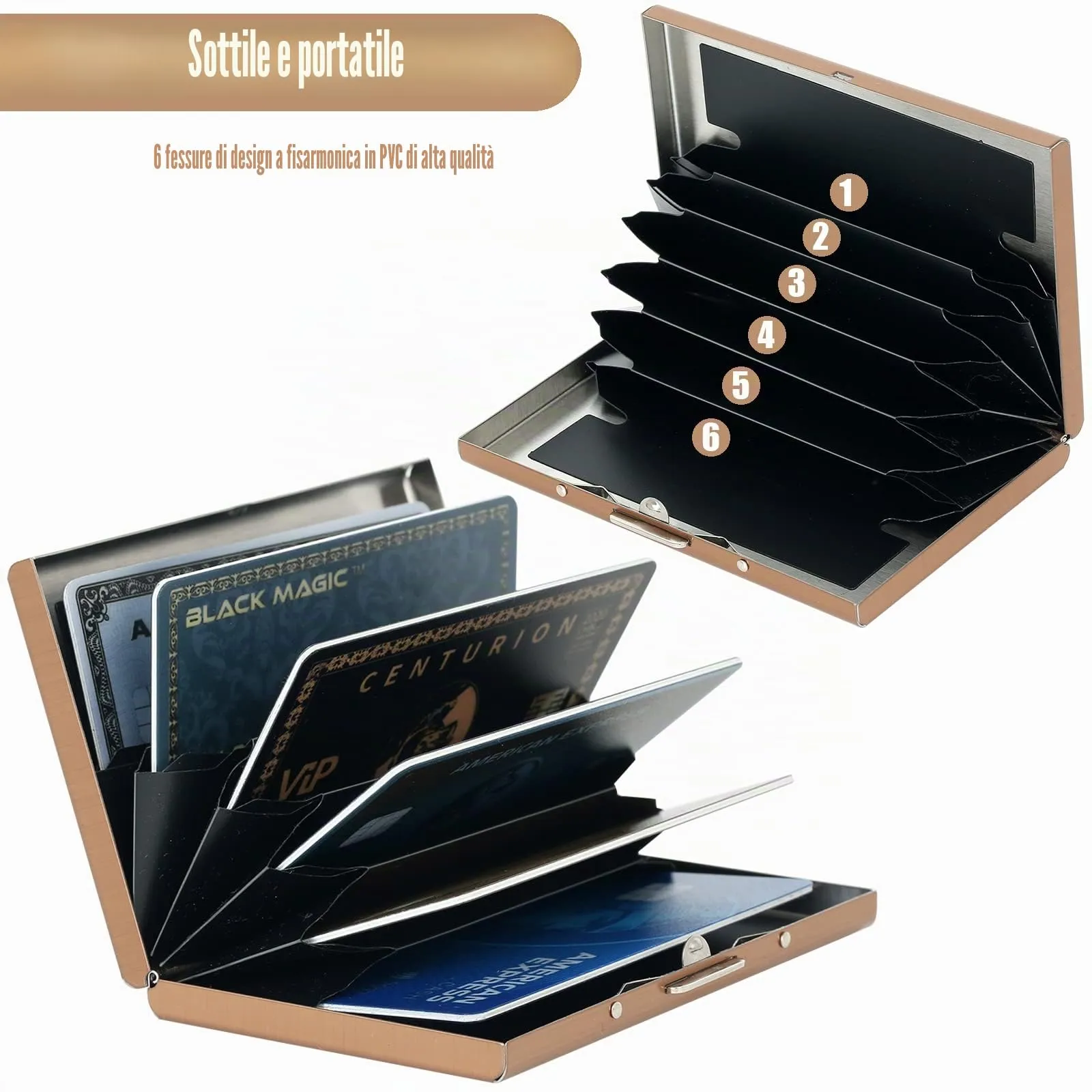 BONSYL Porta Carte di Credito in Acciaio Inossidabile con Blocco RFID, 6 Scomparti, Oro Rosa Fiore - immagine 4