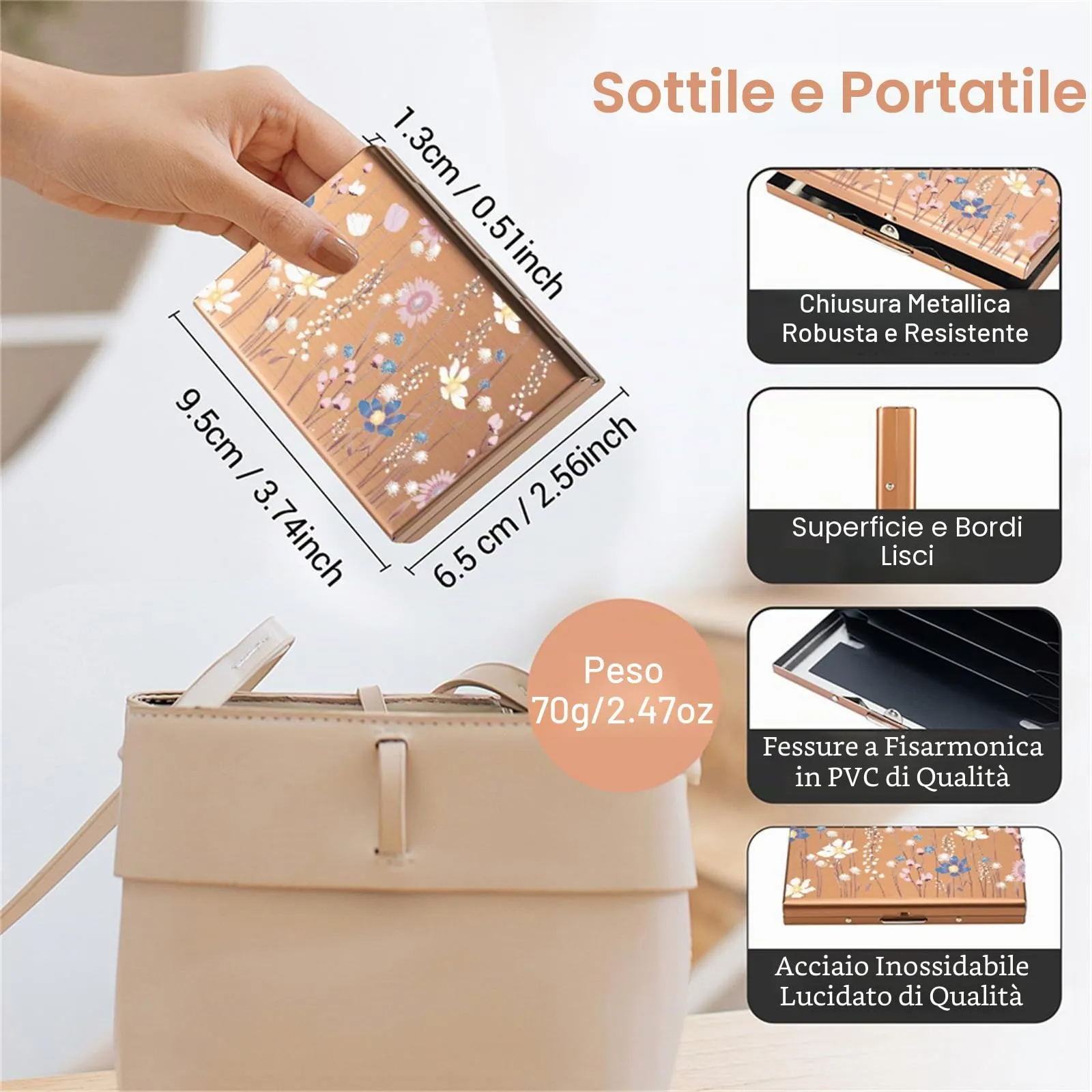 BONSYL Porta Carte di Credito in Acciaio Inossidabile con Blocco RFID, 6 Scomparti, Oro Rosa Fiore - immagine 5