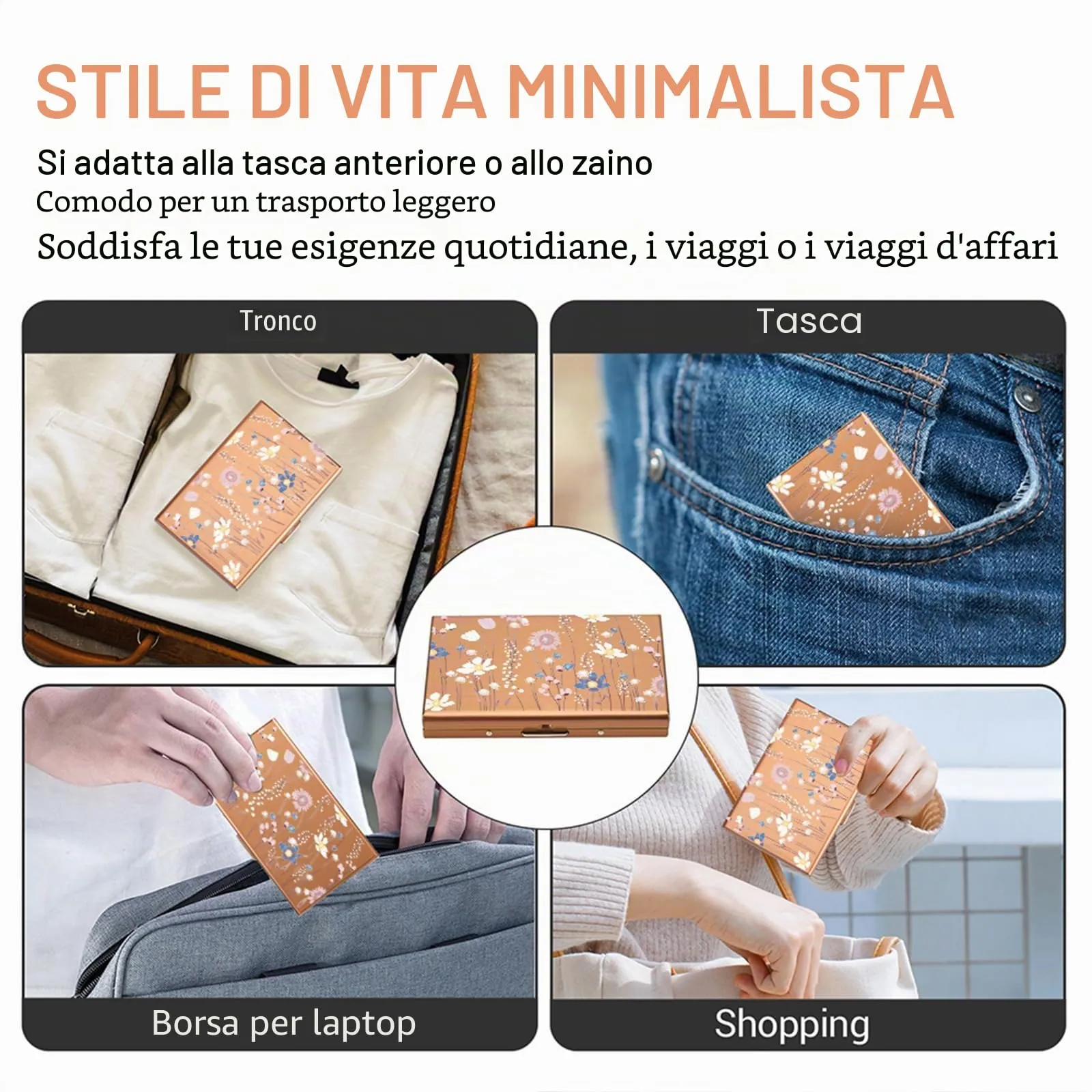 BONSYL Porta Carte di Credito in Acciaio Inossidabile con Blocco RFID, 6 Scomparti, Oro Rosa Fiore - immagine 7