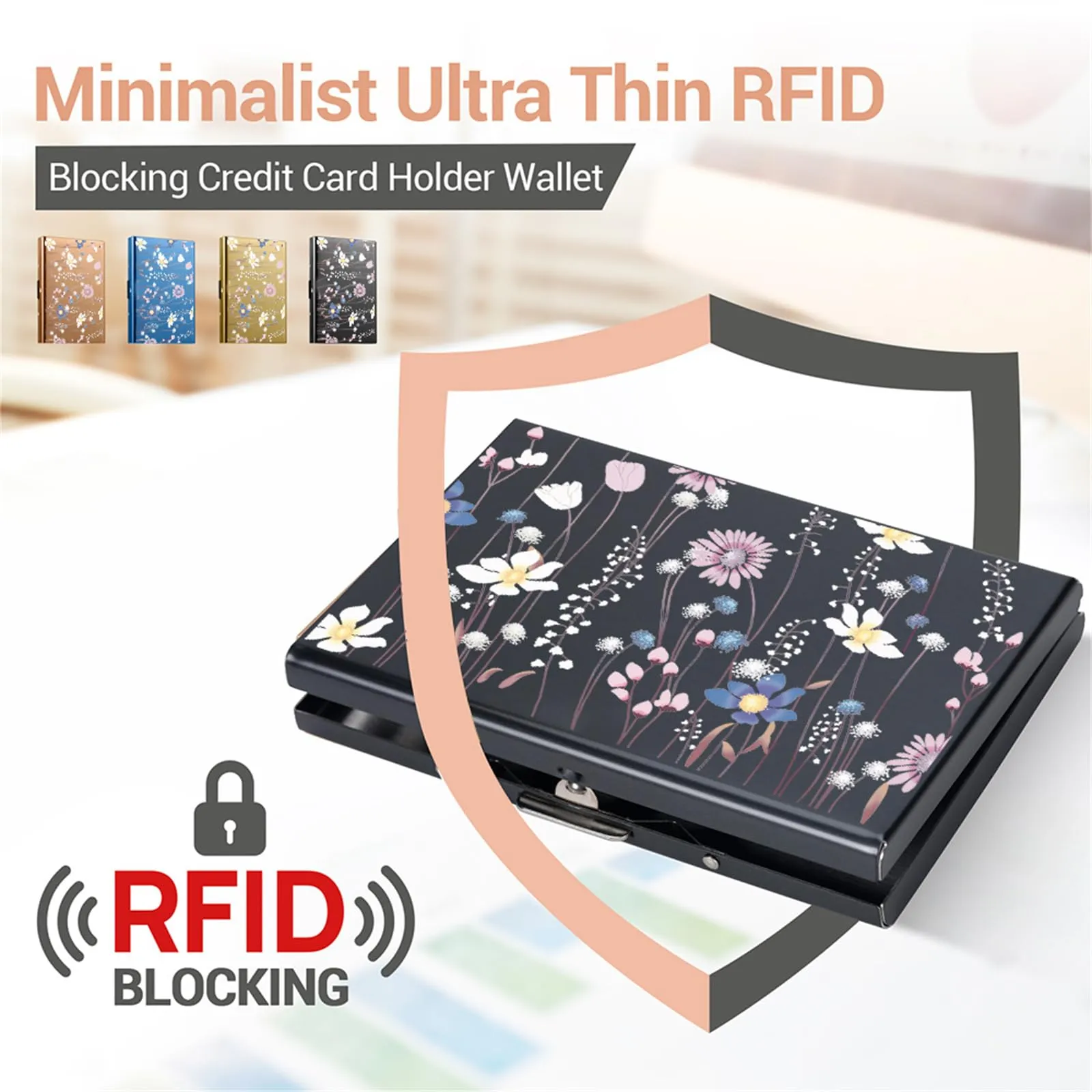 BONSYL Porta Carte di Credito in Acciaio Inossidabile con Blocco RFID, Nero Fiore - immagine 2