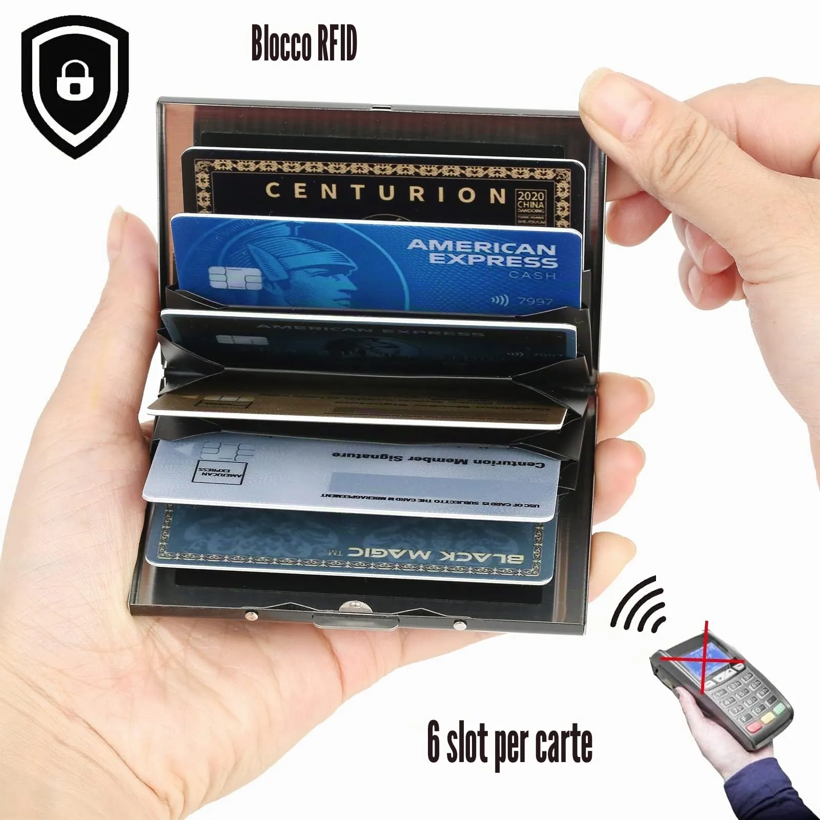 BONSYL Porta Carte di Credito in Acciaio Inossidabile con Blocco RFID, Nero Fiore - immagine 3