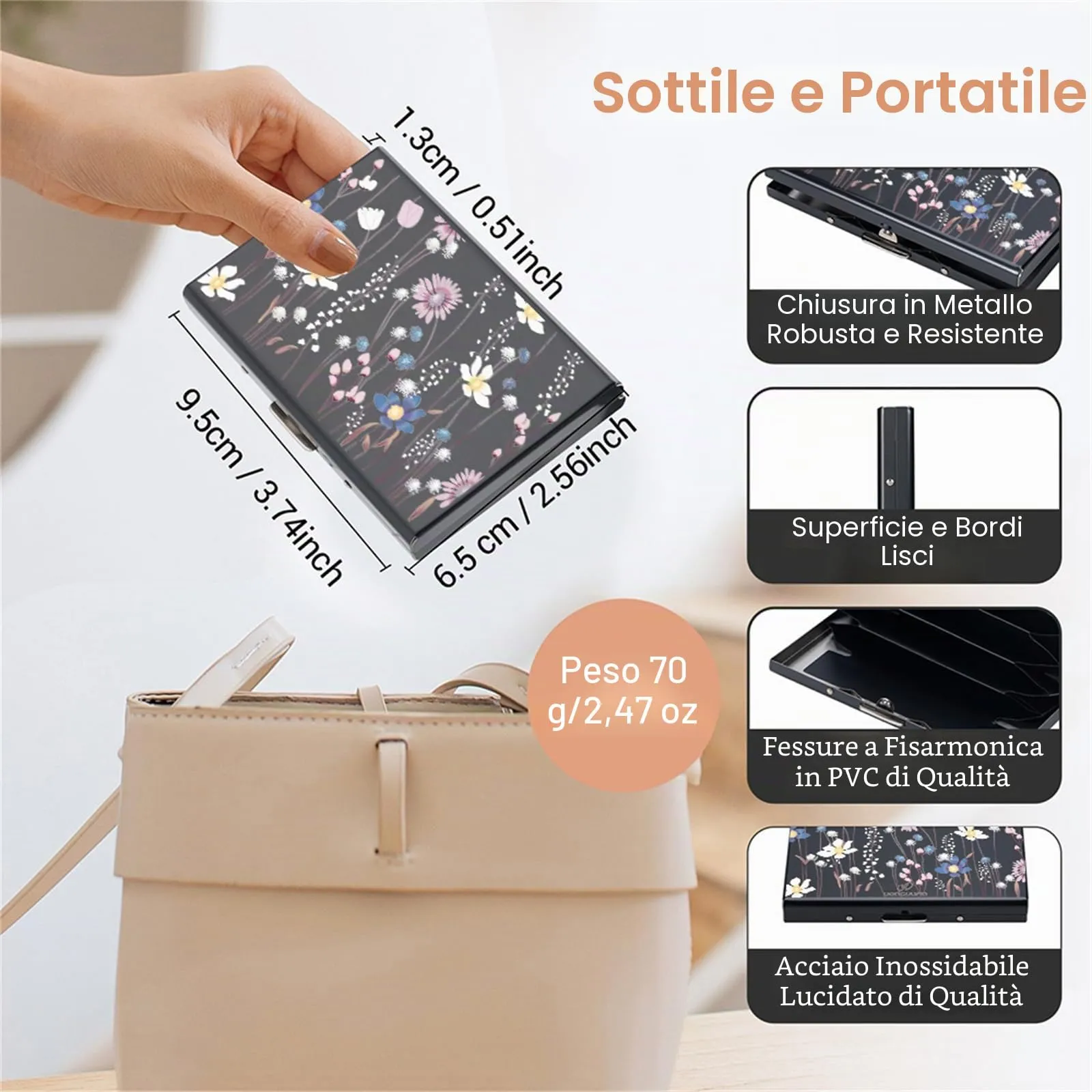 BONSYL Porta Carte di Credito in Acciaio Inossidabile con Blocco RFID, Nero Fiore - immagine 5