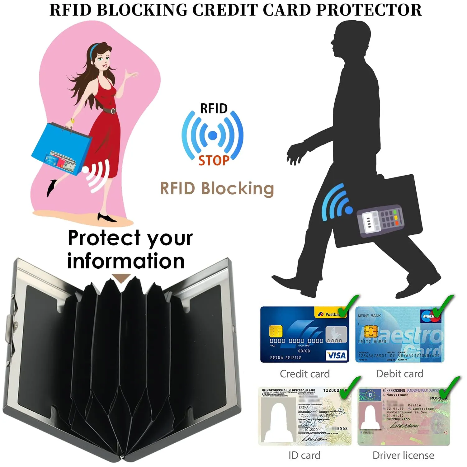 BONSYL Porta Carte di Credito in Acciaio Inossidabile con Blocco RFID, Nero Fiore - immagine 6