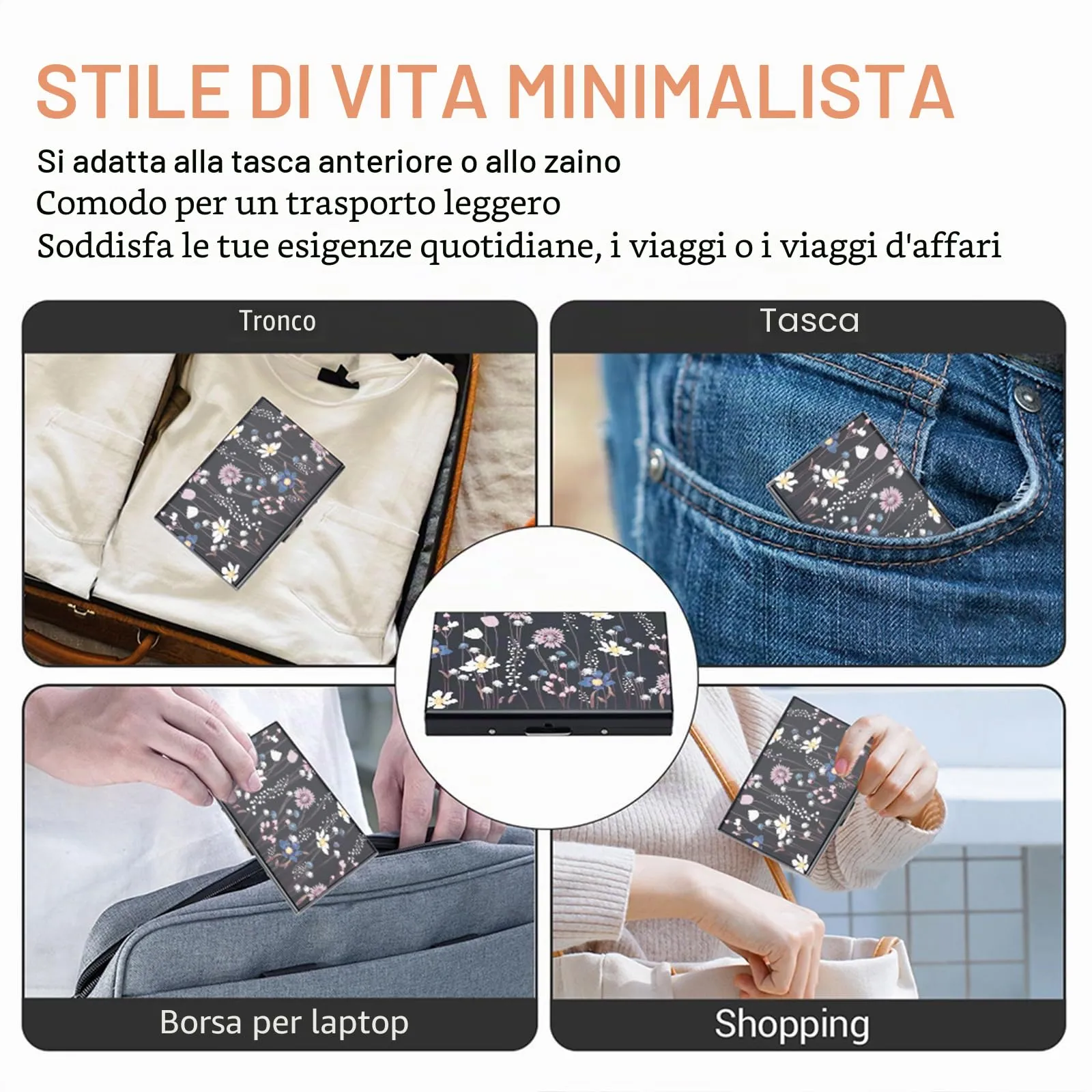 BONSYL Porta Carte di Credito in Acciaio Inossidabile con Blocco RFID, Nero Fiore - immagine 7