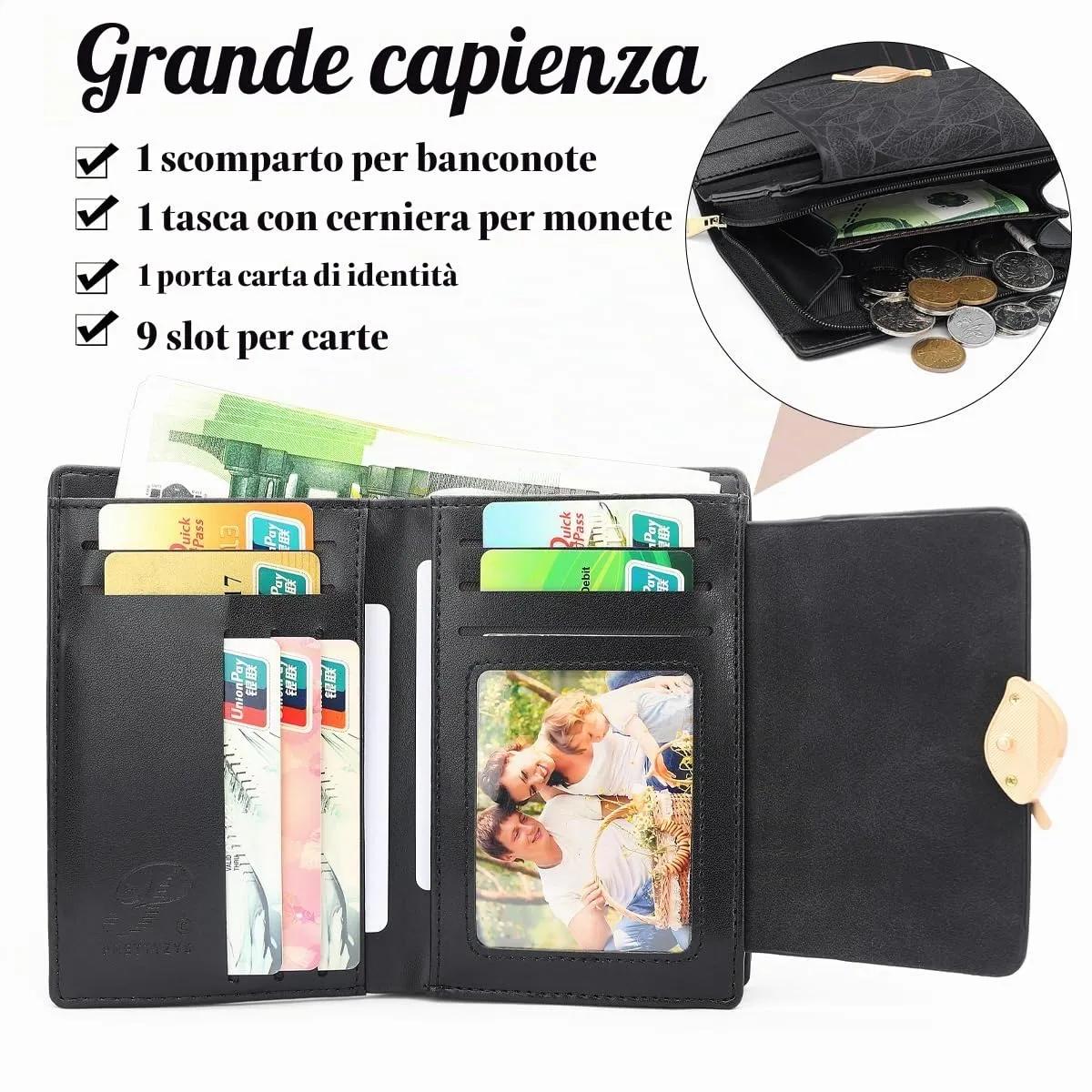 REETEE Portafoglio Donna in Pelle PU Slim Formato Corto con Cerniera e 10 Porta Carte - X-nero - immagine 3