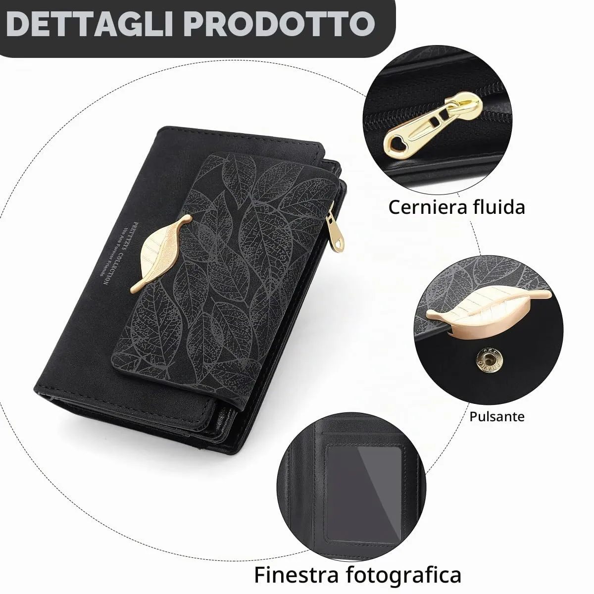 REETEE Portafoglio Donna in Pelle PU Slim Formato Corto con Cerniera e 10 Porta Carte - X-nero - immagine 4