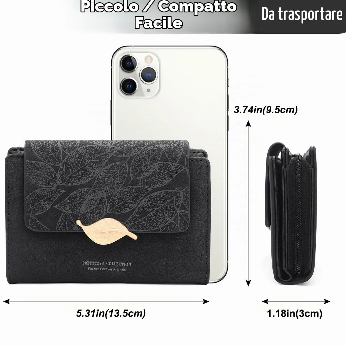 REETEE Portafoglio Donna in Pelle PU Slim Formato Corto con Cerniera e 10 Porta Carte - X-nero - immagine 5