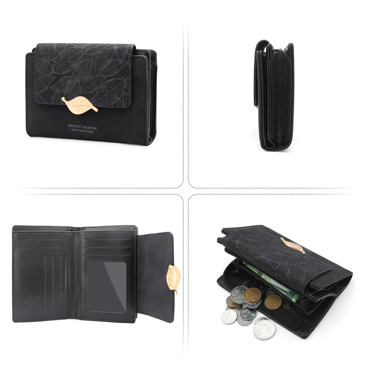 REETEE Portafoglio Donna in Pelle PU Slim Formato Corto con Cerniera e 10 Porta Carte - X-nero - immagine 6