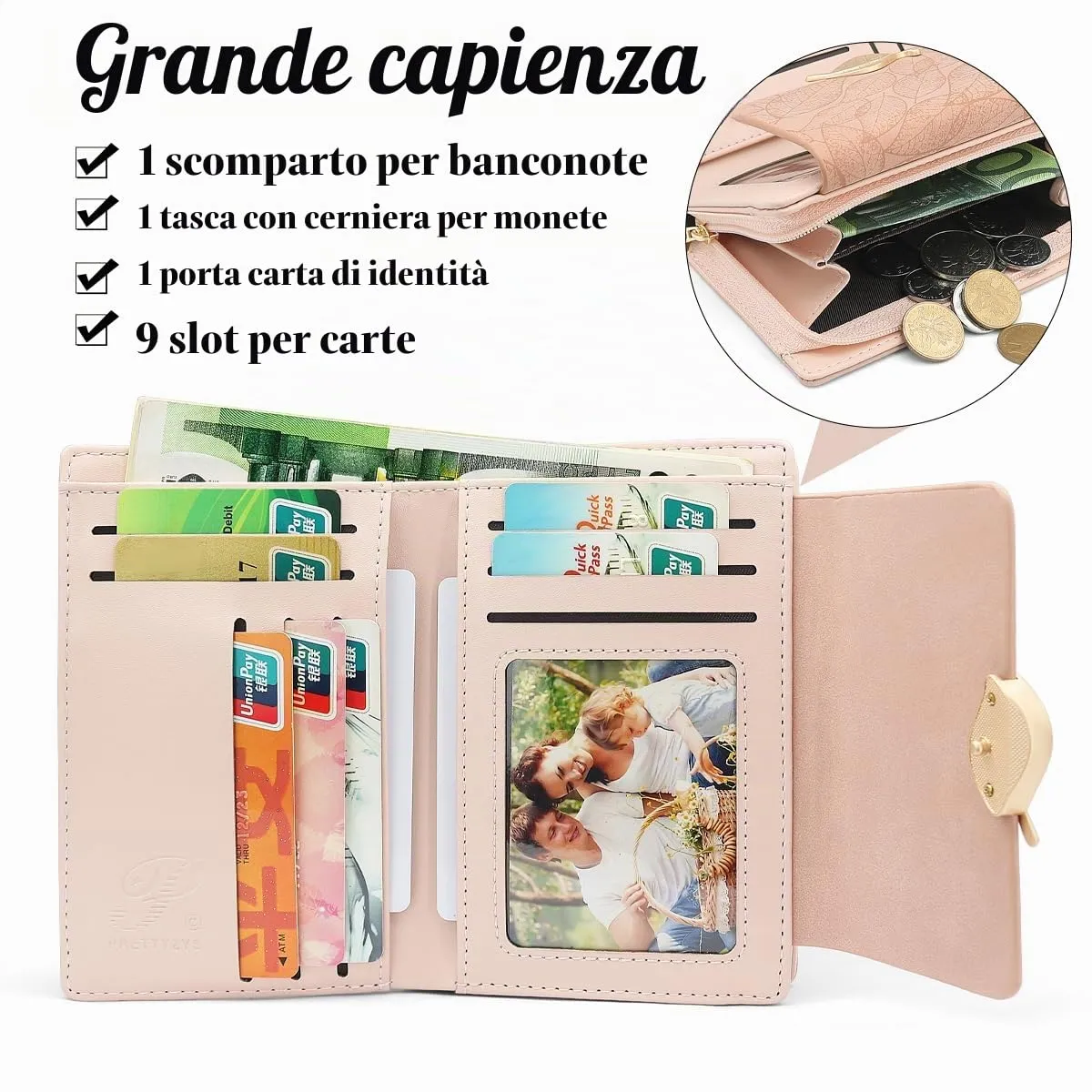 REETEE Portafoglio Donna in Pelle PU Slim Formato Corto con Cerniera Portamonete e 10 Porta Carte (X-Rosa) - immagine 3