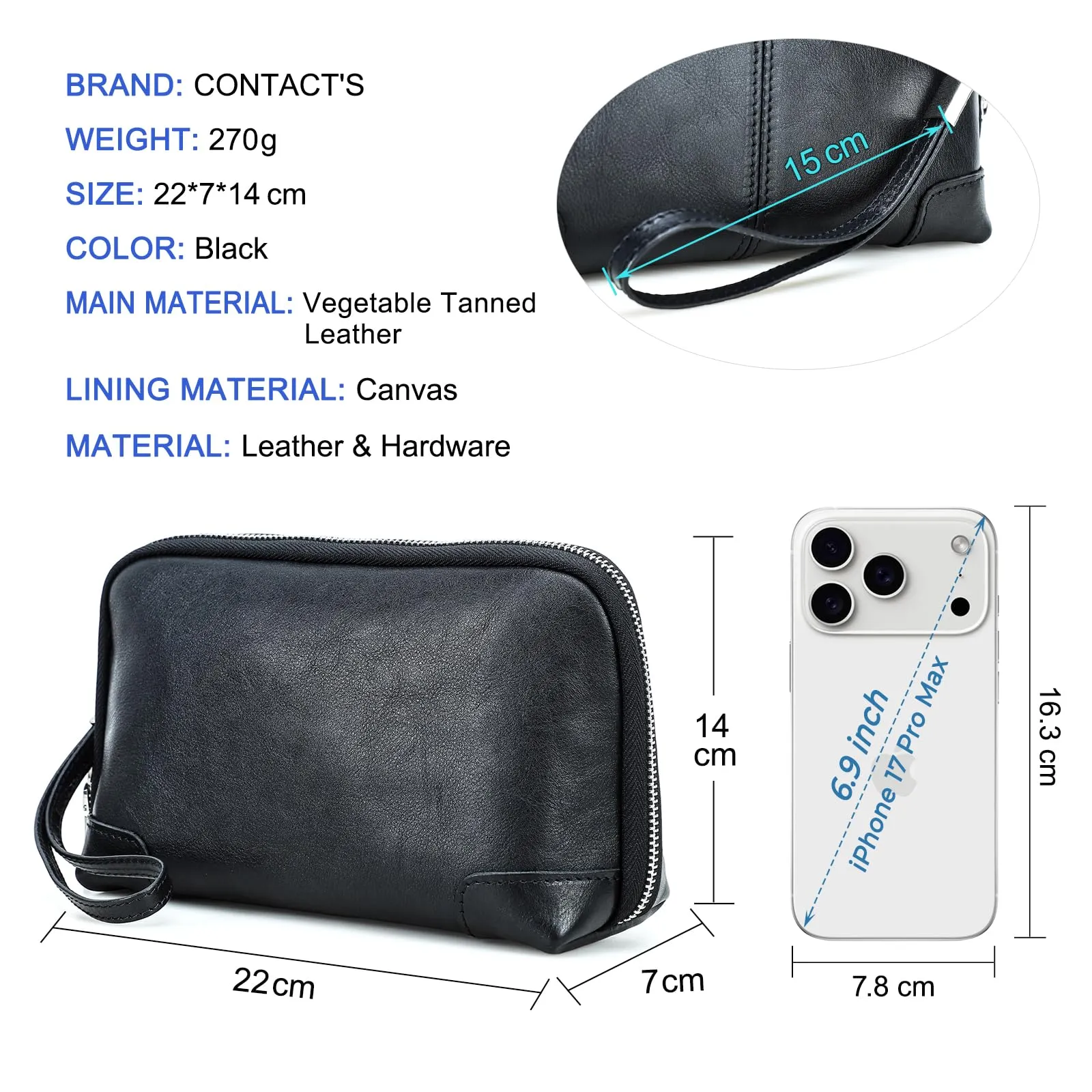 CONTACTS Portafoglio in Pelle da Uomo con Cerniera, Porta Carte, Porta Passaporto e Custodia per Cellulare, 14 x 7 x 22 cm - immagine 6