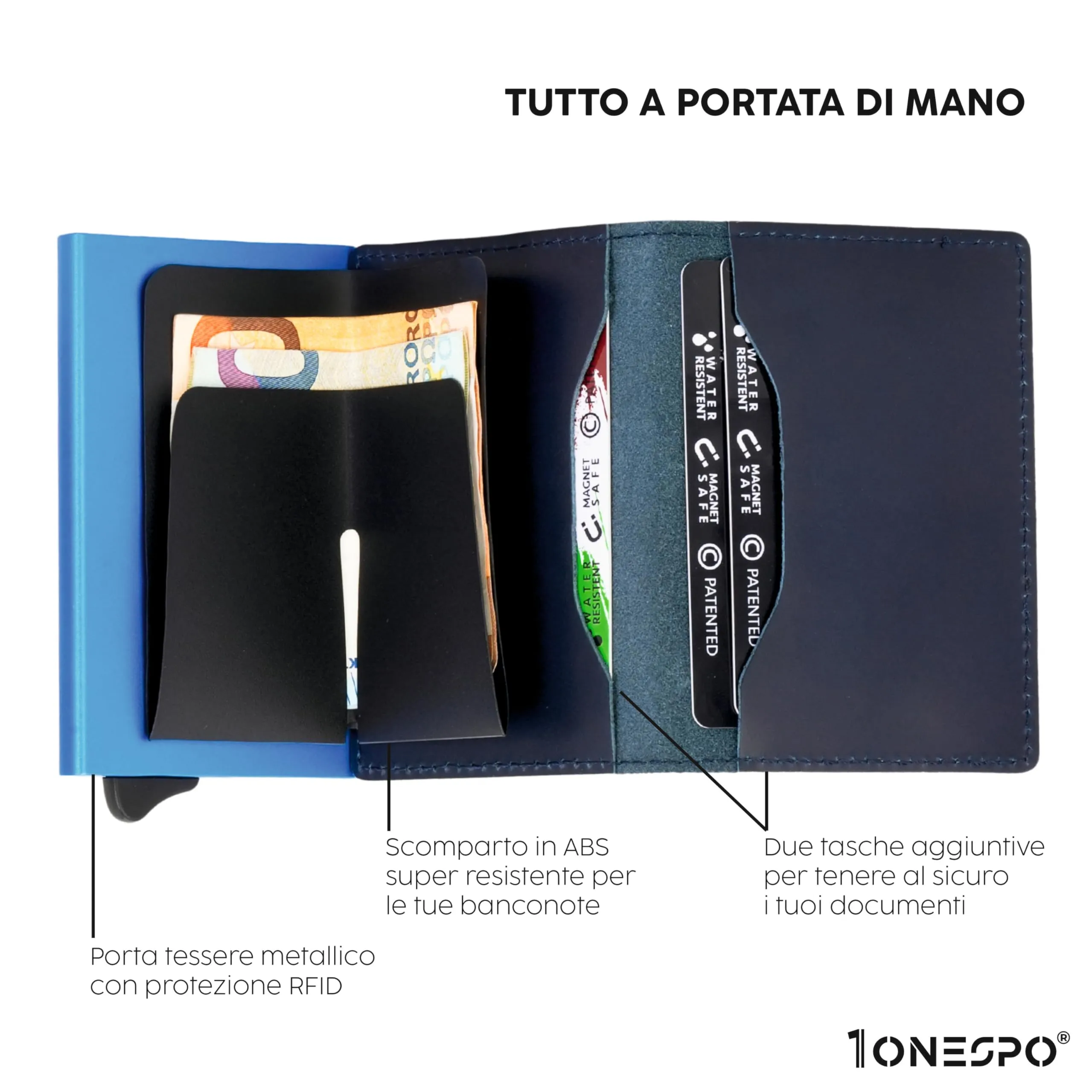 1ONESPO Magnetic Slim Portafoglio Uomo in Vera Pelle, Porta Carte di Credito e Contanti con Protezione RFID, Cuoio Cerato Blu - immagine 2