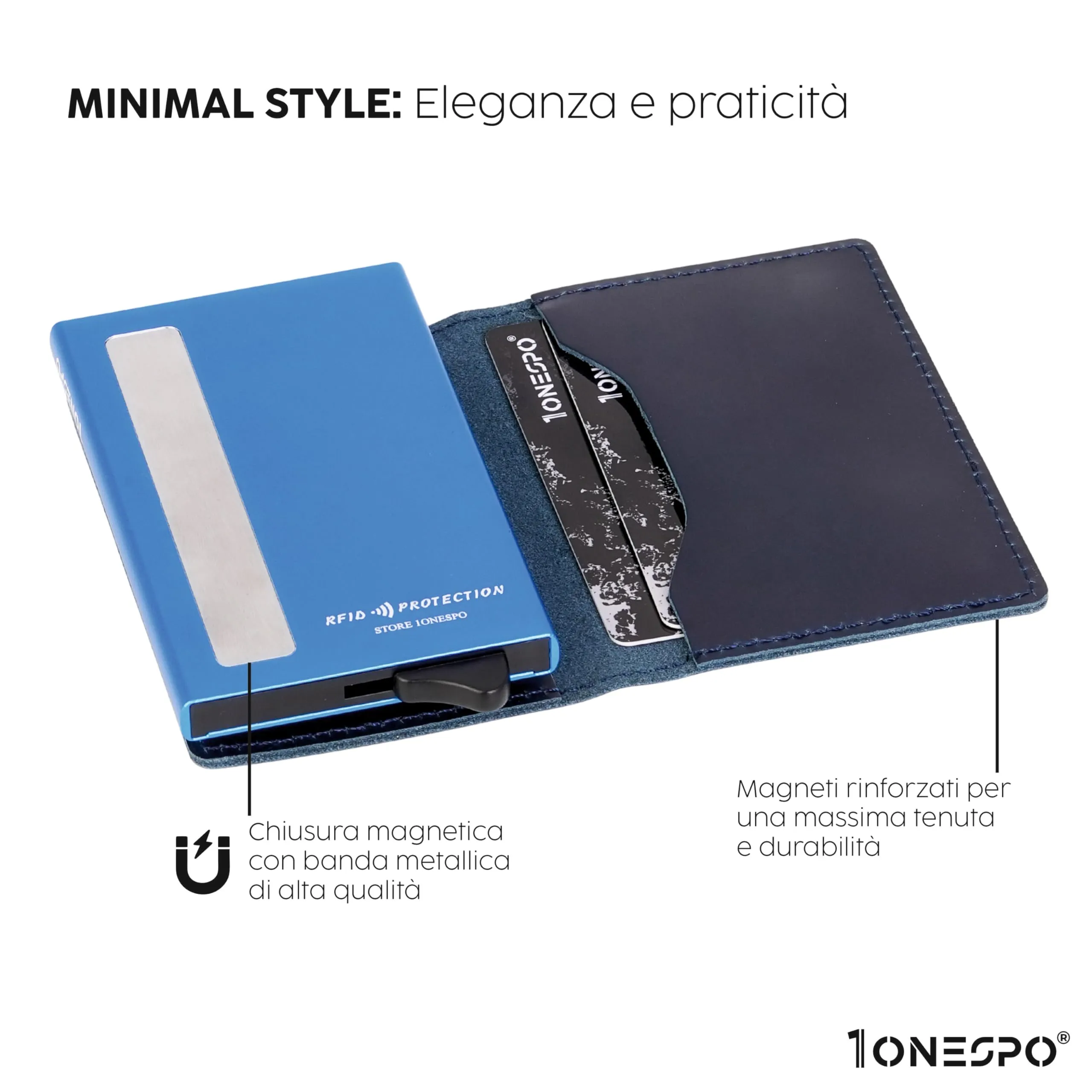 1ONESPO Magnetic Slim Portafoglio Uomo in Vera Pelle, Porta Carte di Credito e Contanti con Protezione RFID, Cuoio Cerato Blu - immagine 3