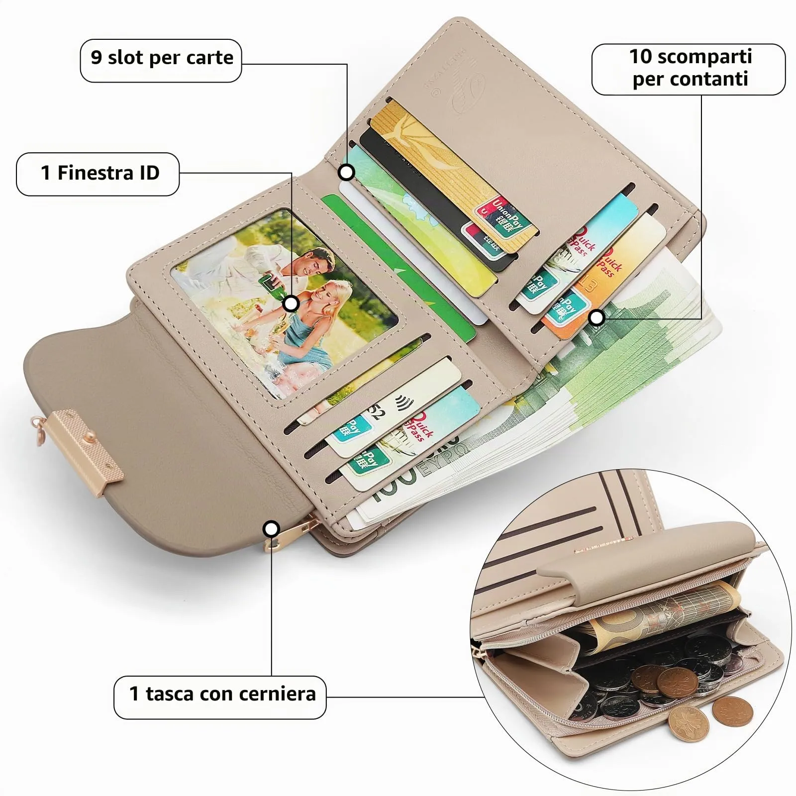 REETEE Portafoglio Donna in Pelle PU Slim Formato Corto con Cerniera e 10 Porta Carte (A-albicocca) - immagine 3