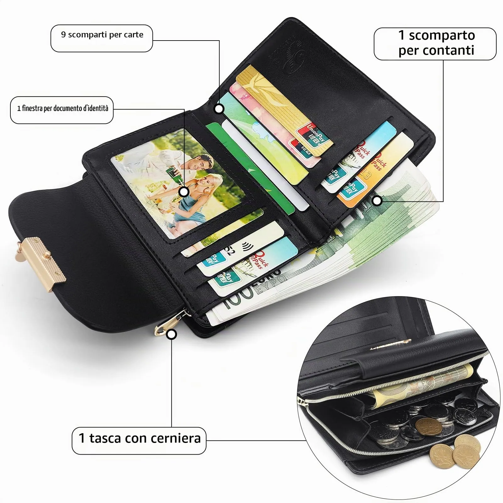 REETEE Portafoglio Donna in Pelle PU Slim Formato Corto con Cerniera e 10 Porta Carte - Nero - immagine 3