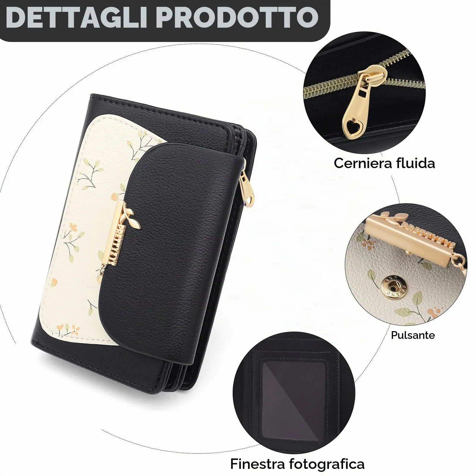 REETEE Portafoglio Donna in Pelle PU Slim Formato Corto con Cerniera e 10 Porta Carte - Nero - immagine 4