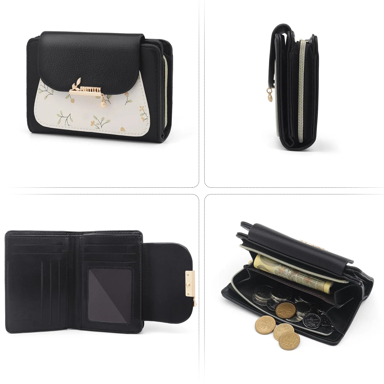 REETEE Portafoglio Donna in Pelle PU Slim Formato Corto con Cerniera e 10 Porta Carte - Nero - immagine 5
