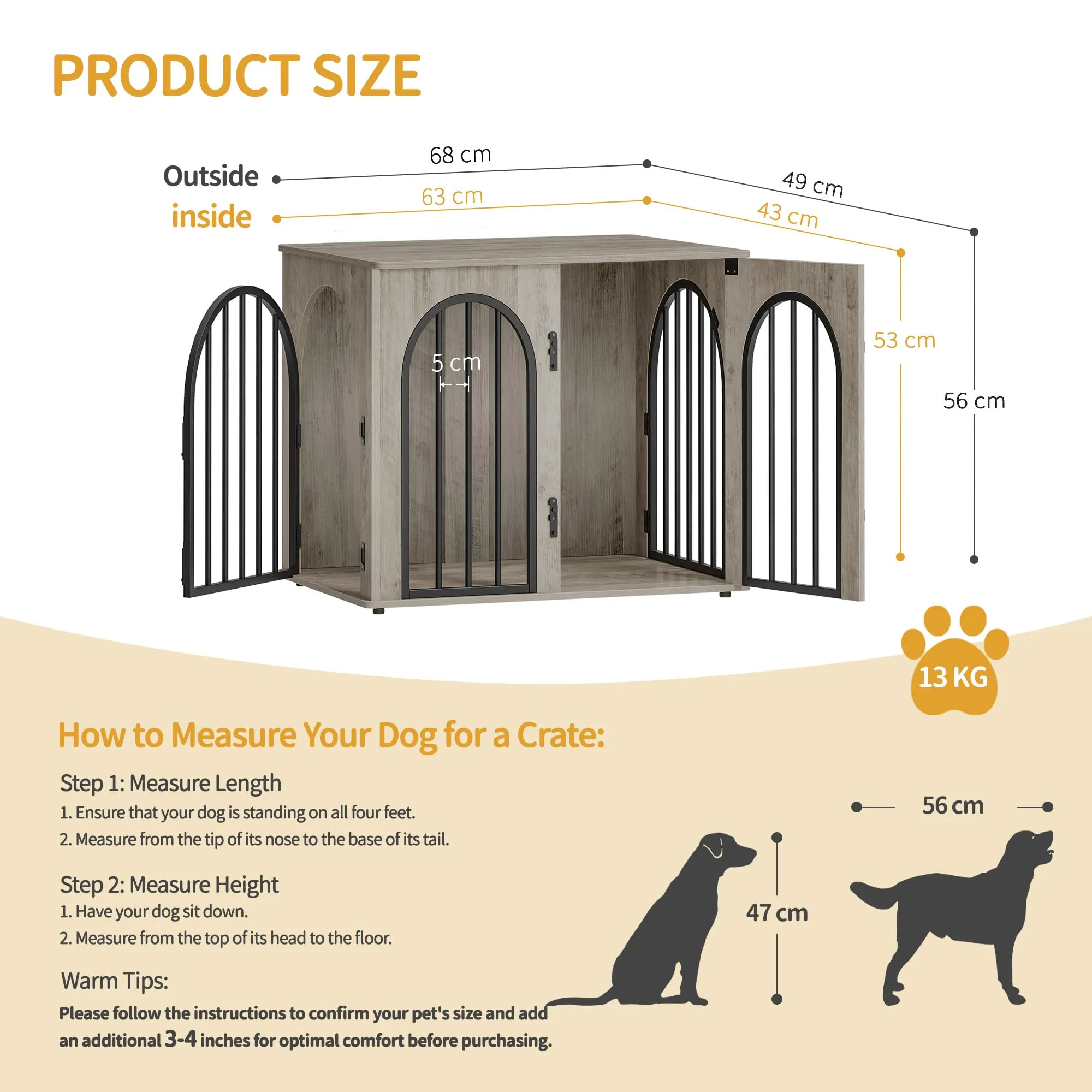 Hzuaneri Gabbia per Cani con Tavolo Supplemento, 68 cm, Avorio Chiaro - immagine 2