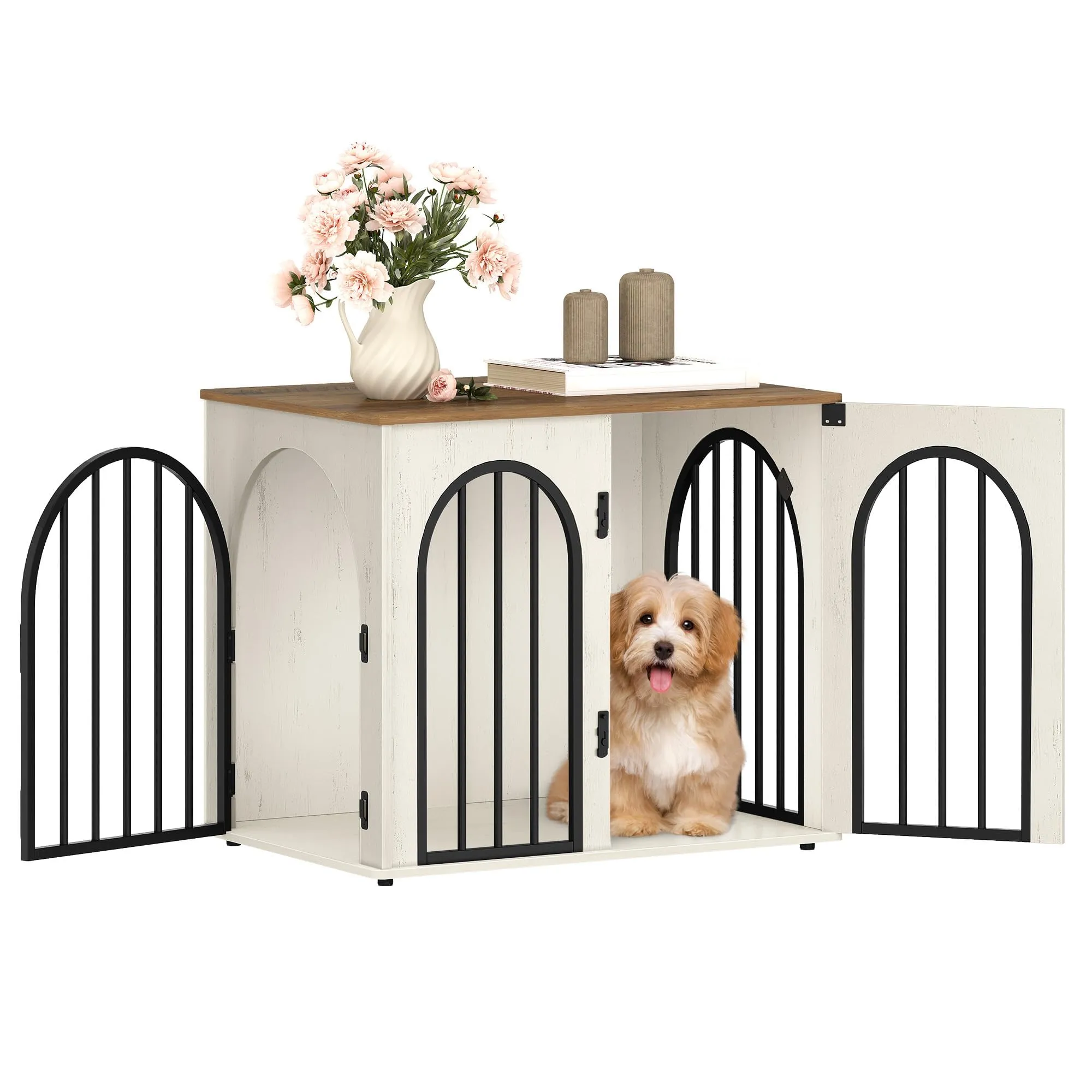 Hzuaneri Gabbia per Cani con Tavolo Supplemento, 68 cm, Bianco e Marrone - immagine 1