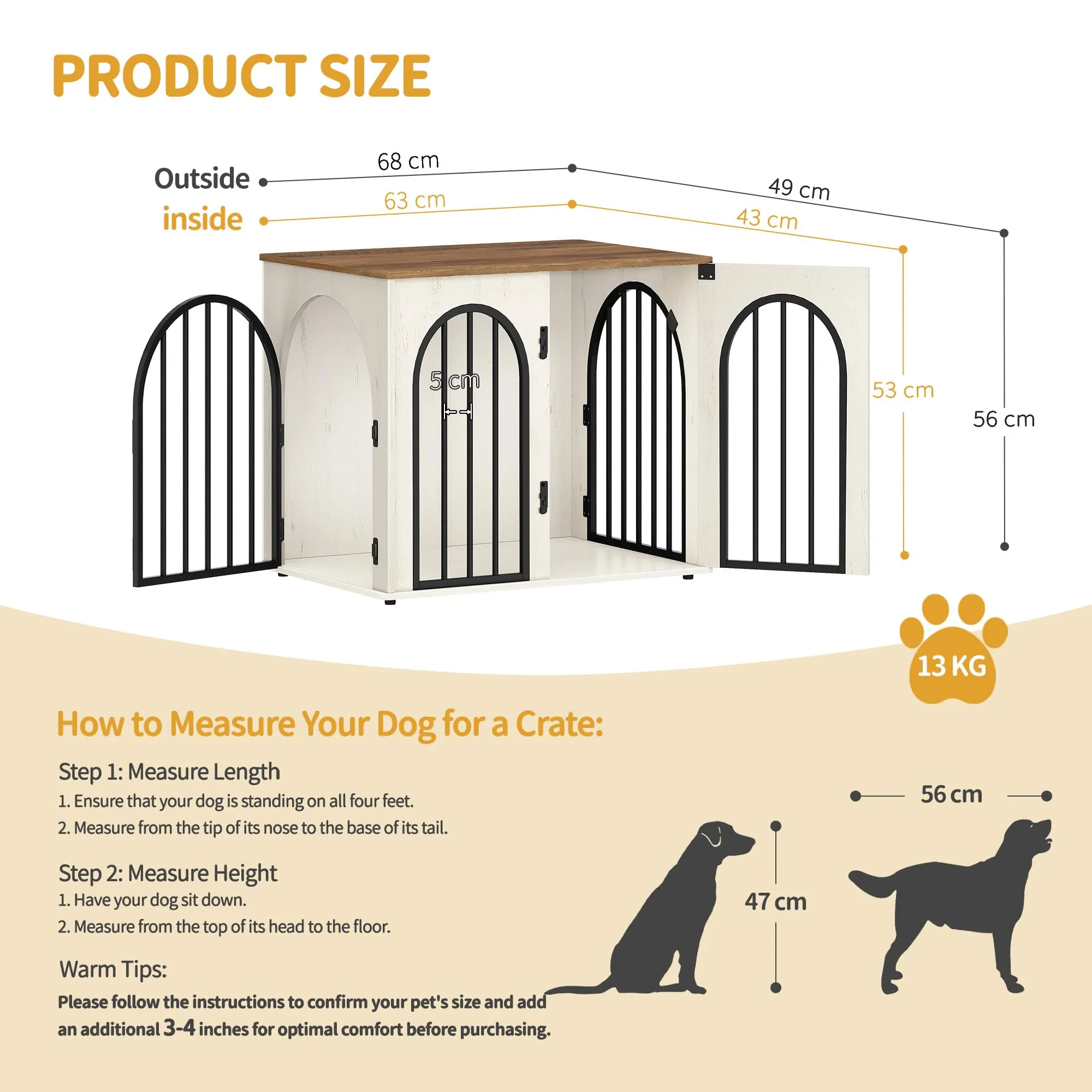 Hzuaneri Gabbia per Cani con Tavolo Supplemento, 68 cm, Bianco e Marrone - immagine 2