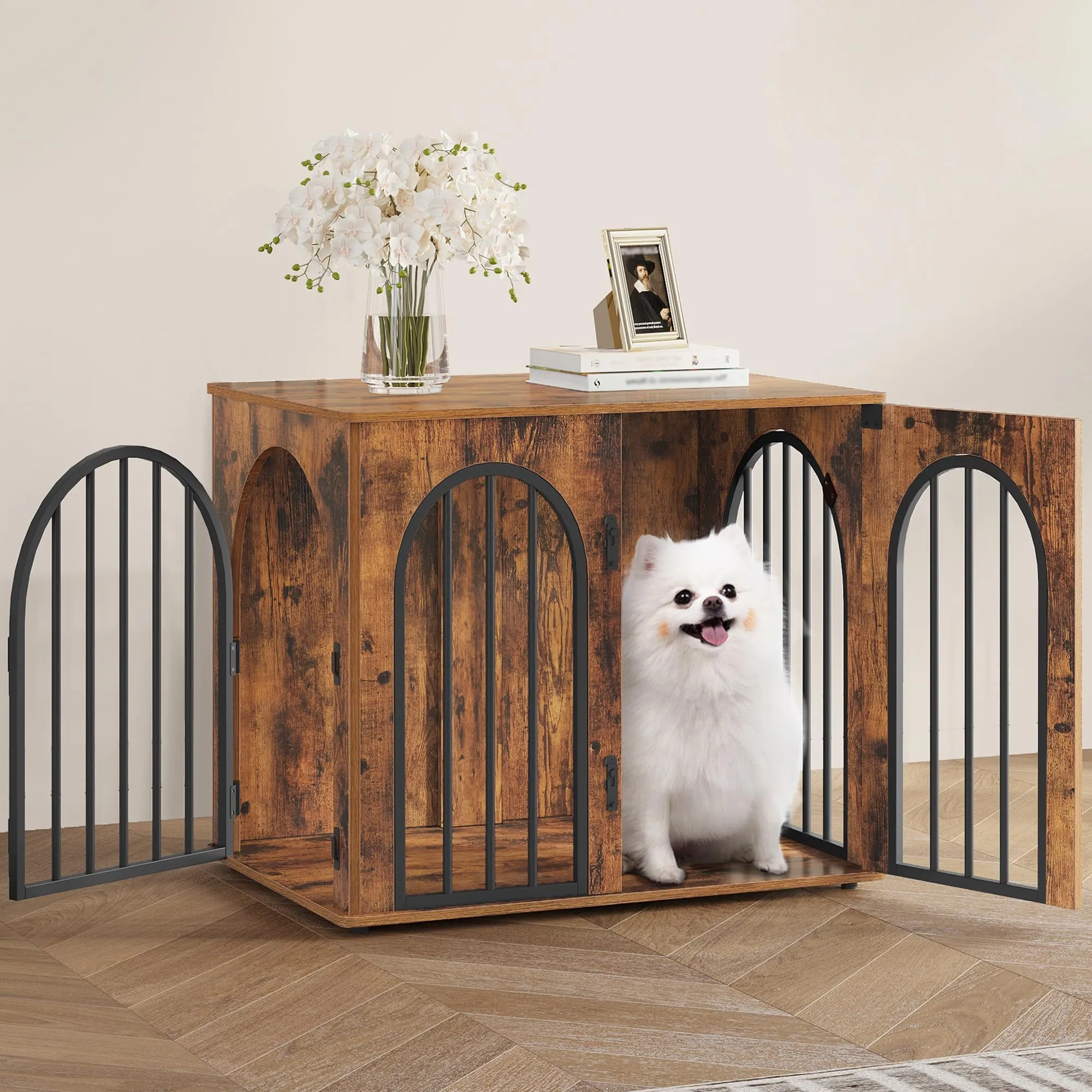 Hzuaneri Gabbia per Cani con Tavolo Supplemento, Marrone Rustico, 68 x 49 x 56 cm - immagine 1