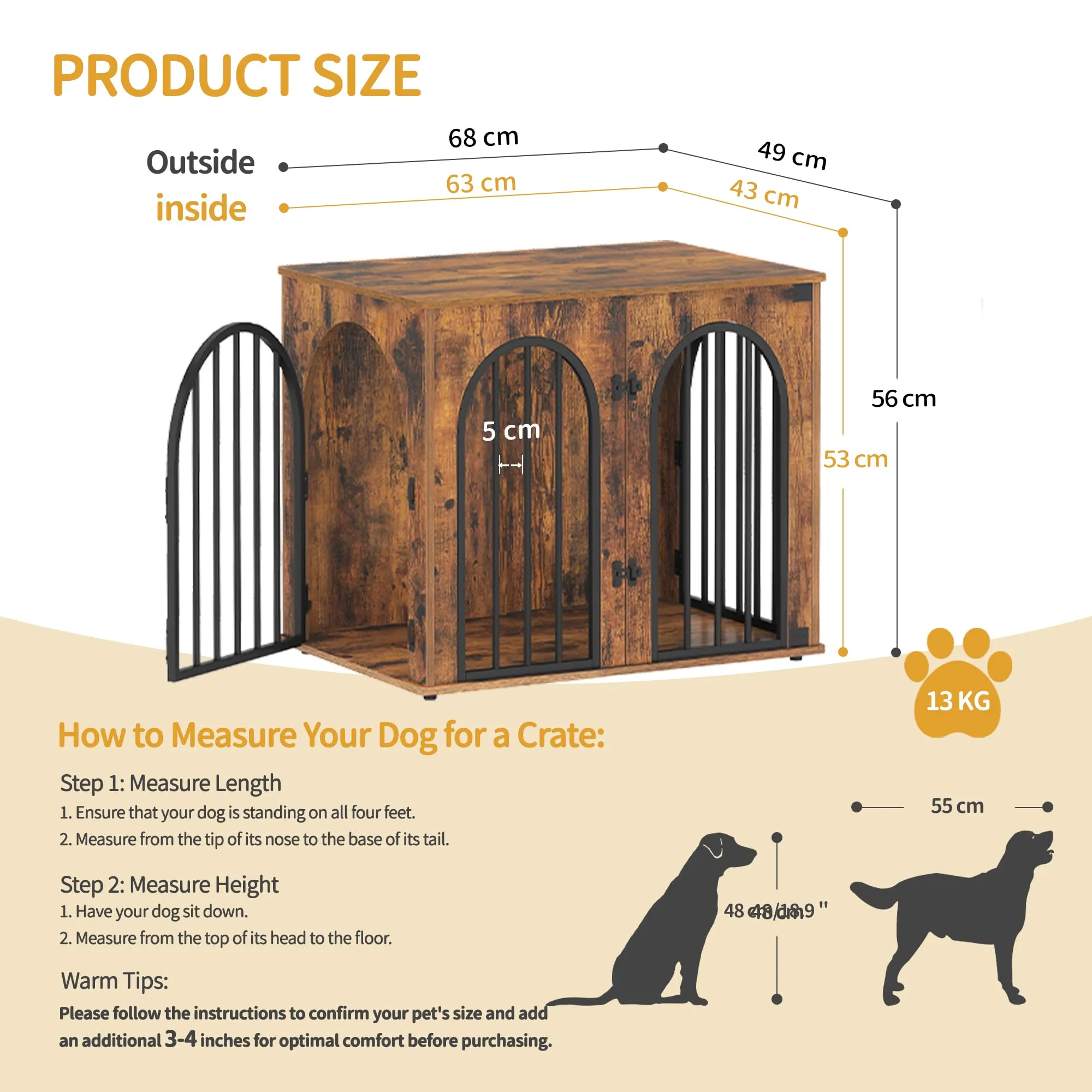 Hzuaneri Gabbia per Cani con Tavolo Supplemento, Marrone Rustico, 68 x 49 x 56 cm - immagine 2
