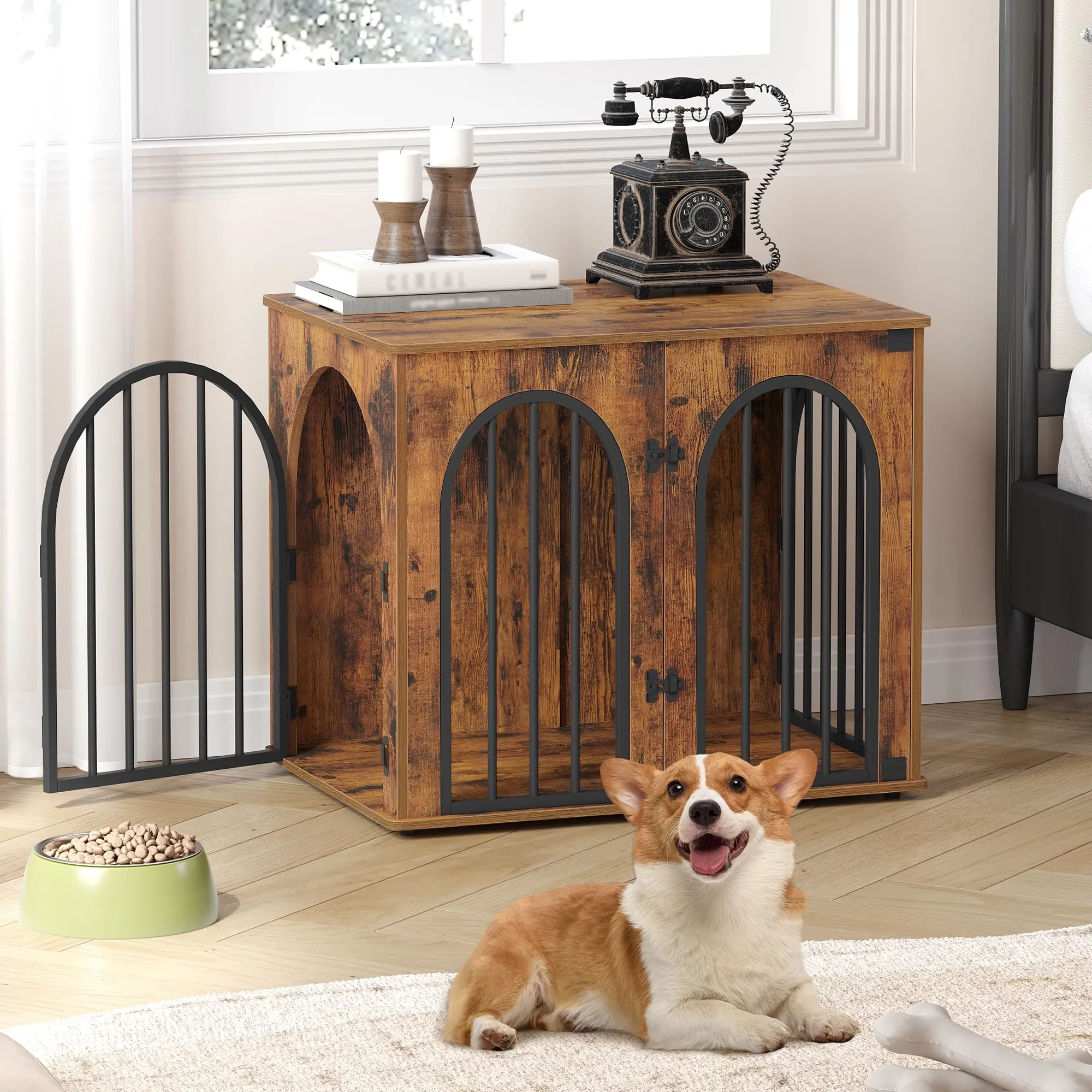 Hzuaneri Gabbia per Cani con Tavolo Supplemento, Marrone Rustico, 68 x 49 x 56 cm - immagine 3