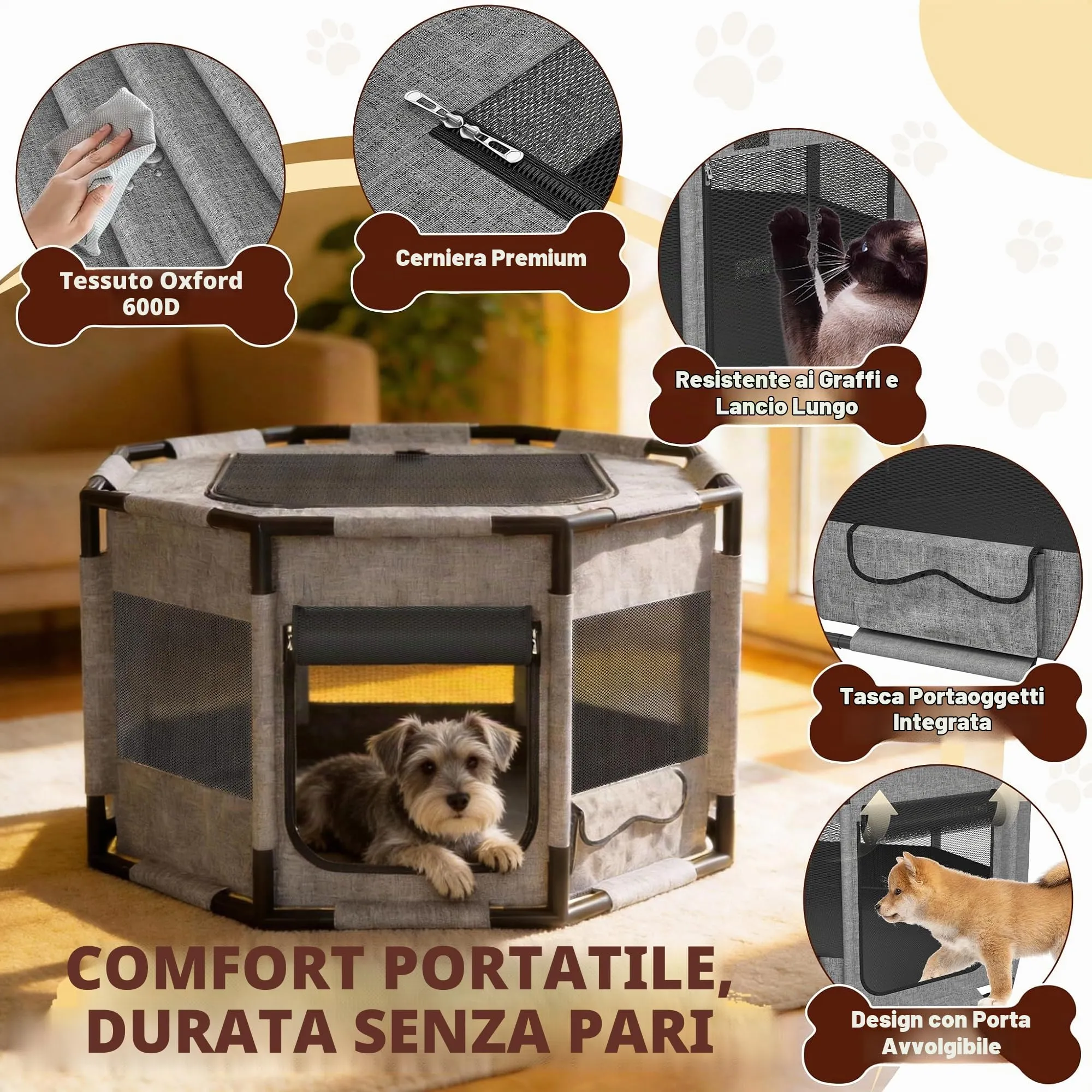 UISEBRT Recinto Ottagonale per Cani e Gatti in Tessuto Oxford, 81x81x45 cm - immagine 5