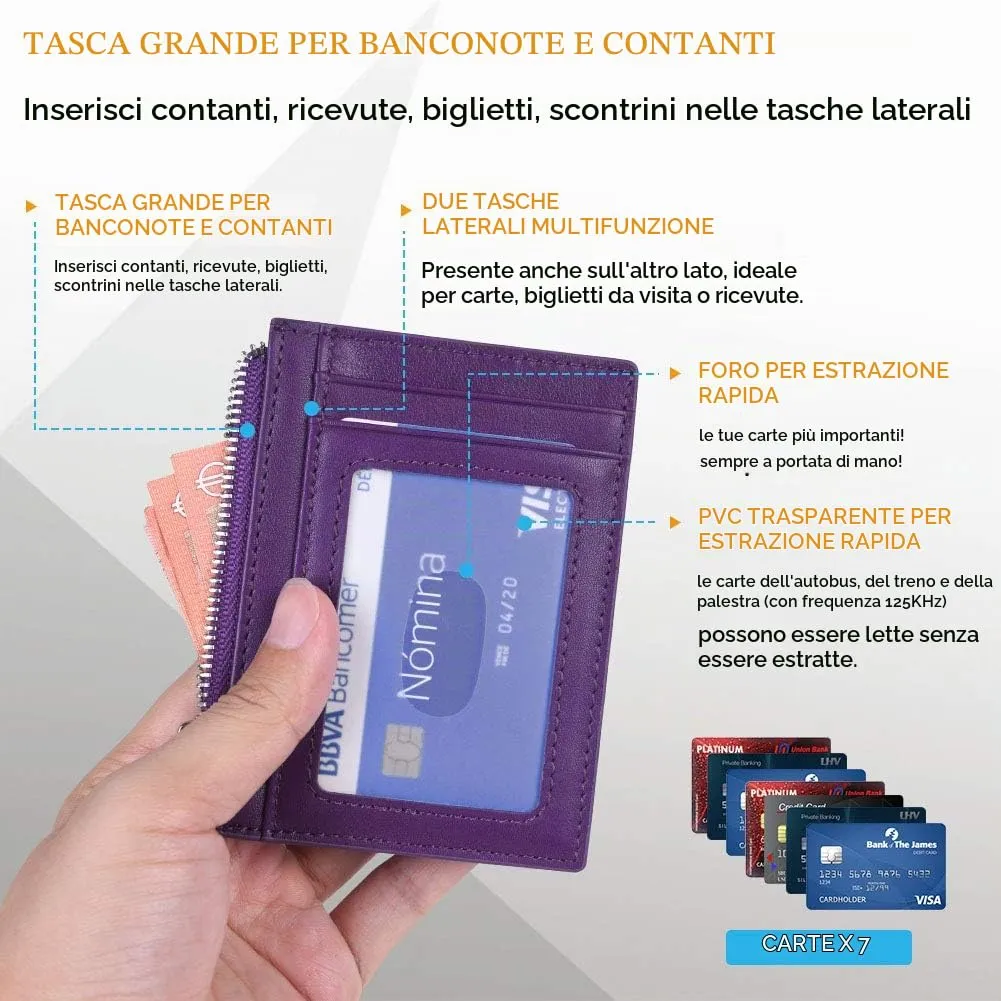 flintronic Porta Carte di Credito e Portafoglio in Pelle con Blocco RFID/NFC e Cerniera, Porpora - immagine 2