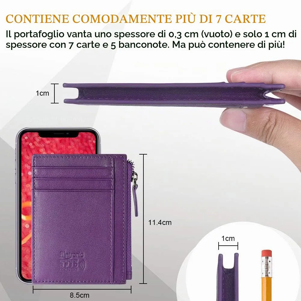 flintronic Porta Carte di Credito e Portafoglio in Pelle con Blocco RFID/NFC e Cerniera, Porpora - immagine 3