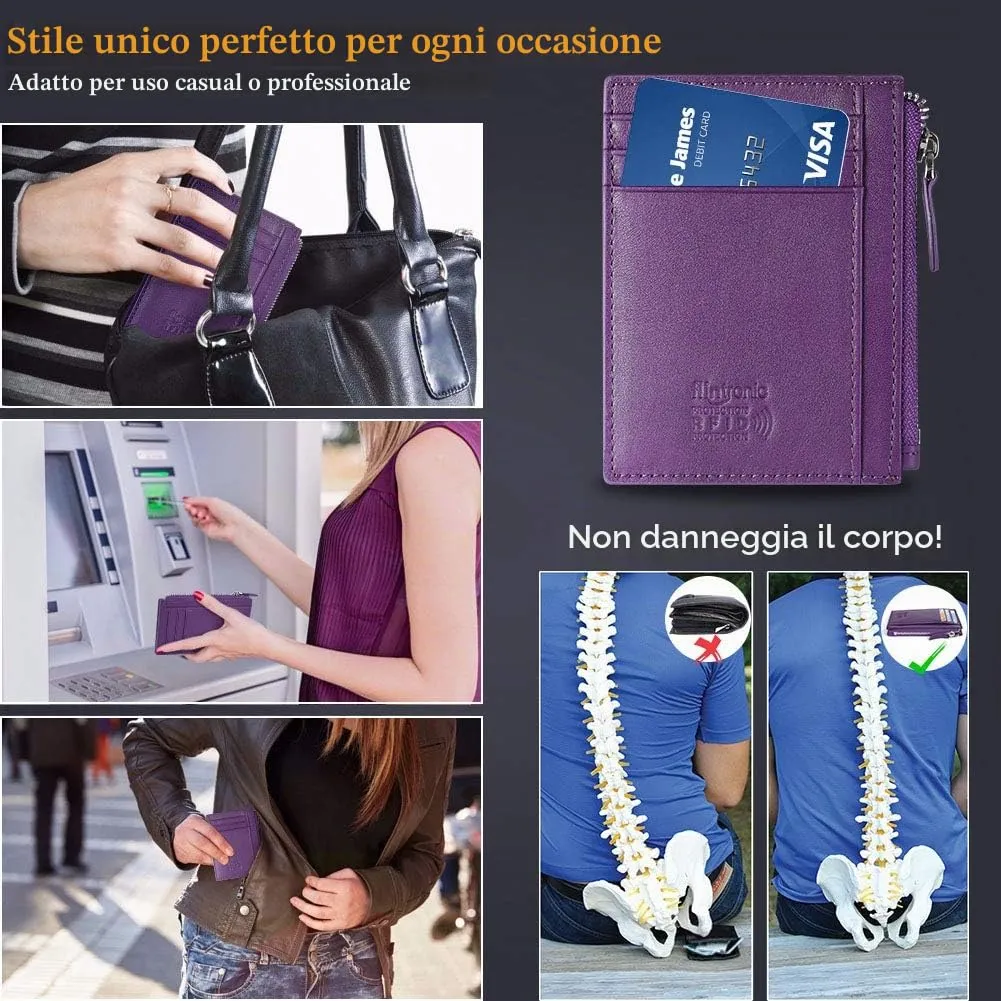 flintronic Porta Carte di Credito e Portafoglio in Pelle con Blocco RFID/NFC e Cerniera, Porpora - immagine 6
