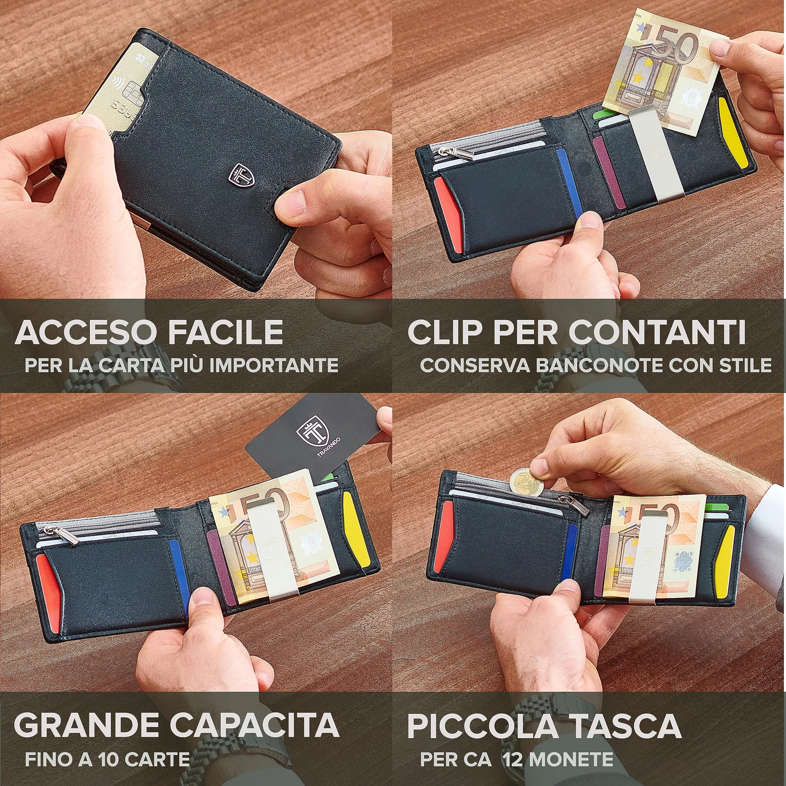 TRAVANDO Portafoglio Uomo London con Protezione RFID, Slim Porta Carte di Credito con Clip per Contanti e Portamonete - immagine 2