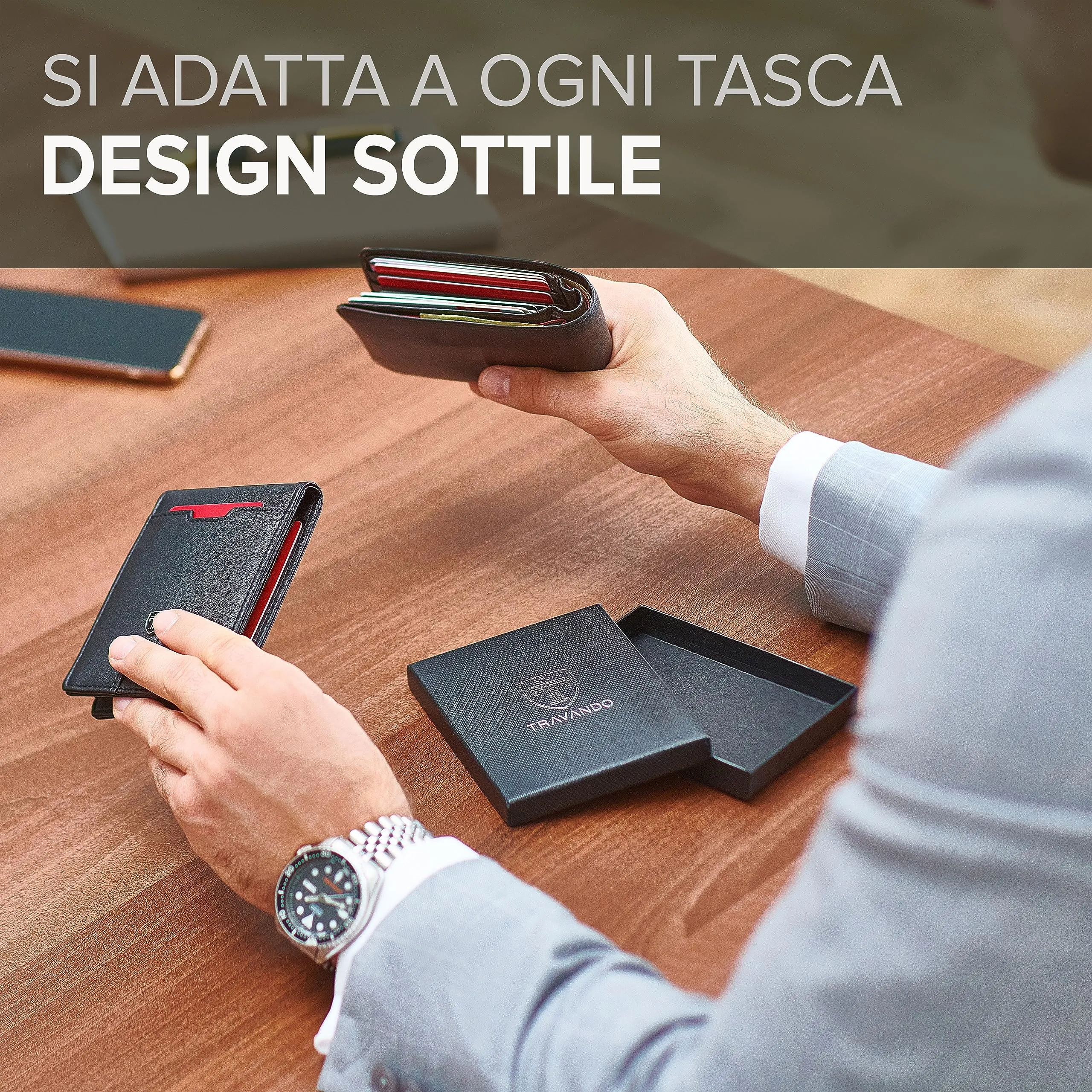 TRAVANDO Portafoglio Uomo London con Protezione RFID, Slim Porta Carte di Credito con Clip per Contanti e Portamonete - immagine 3