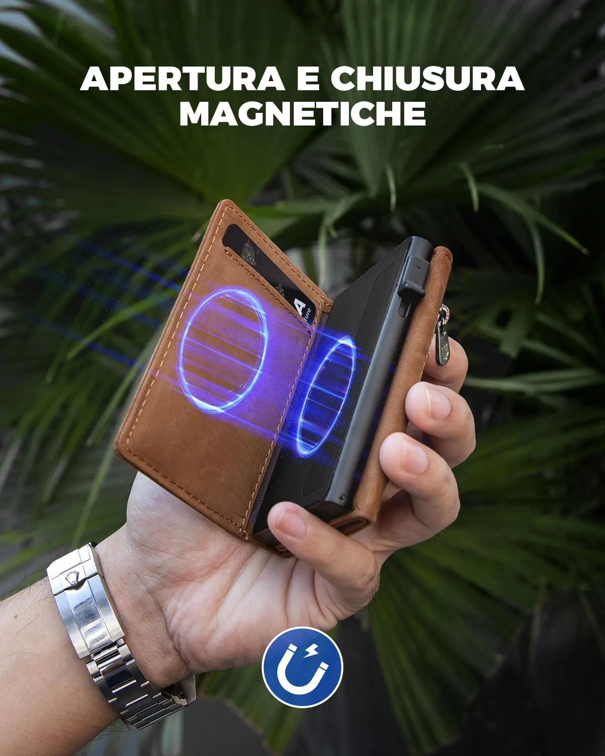 DODENSHA Portafoglio Uomo in Vera Pelle Marrone con Protezione RFID e Chiusura Magnetica, 12.5x10x3.5 cm - immagine 2