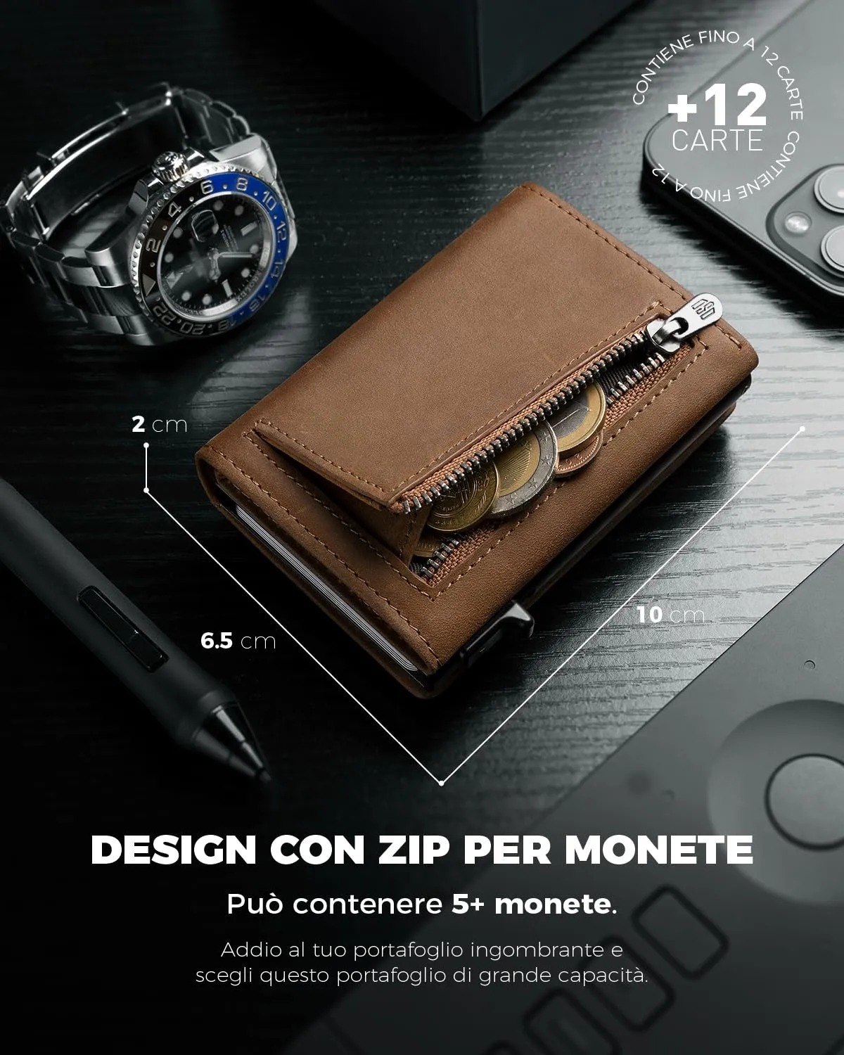 DODENSHA Portafoglio Uomo in Vera Pelle Marrone con Protezione RFID e Chiusura Magnetica, 12.5x10x3.5 cm - immagine 3