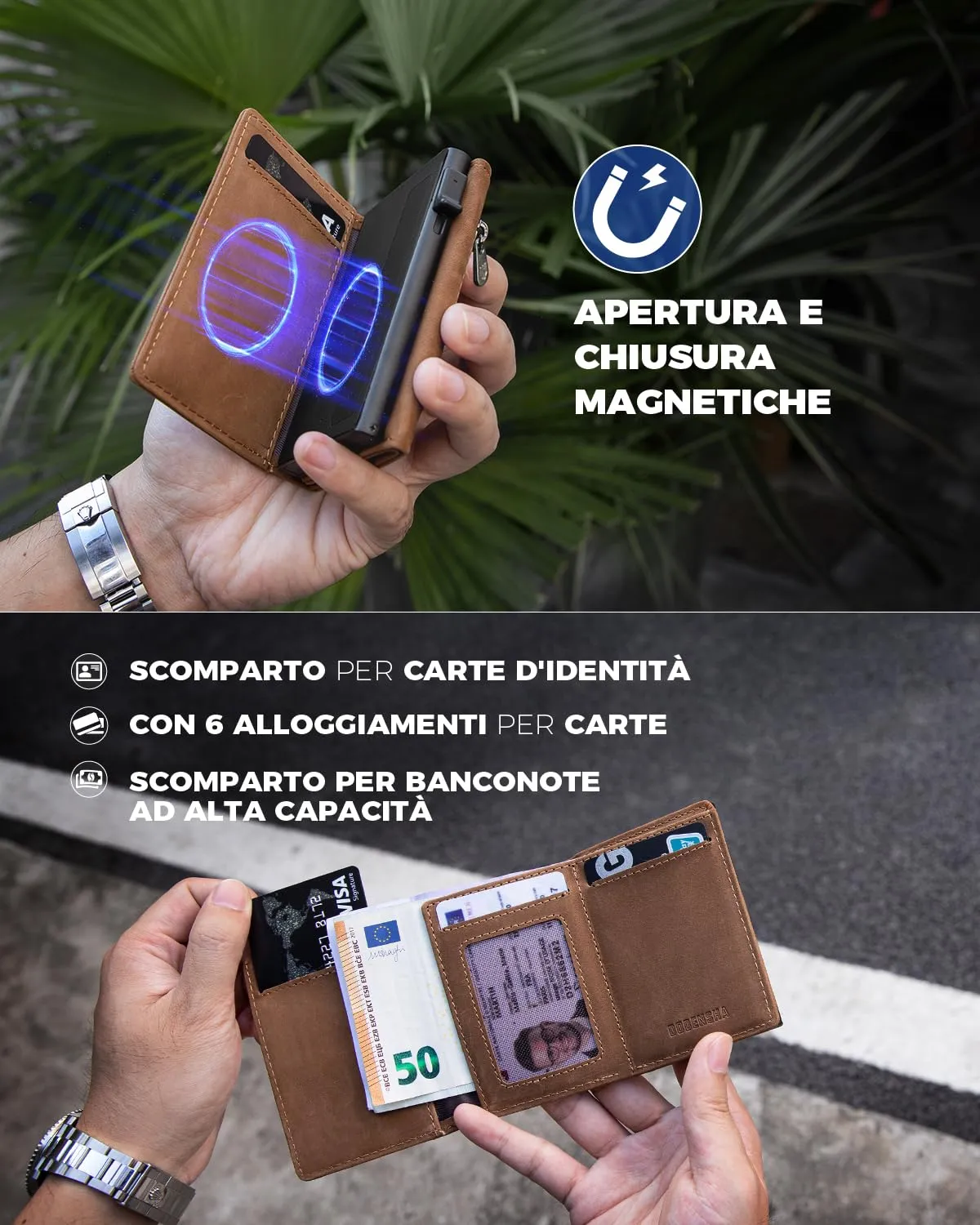 DODENSHA Portafoglio Uomo in Vera Pelle Marrone con Protezione RFID e Chiusura Magnetica, 12.5x10x3.5 cm - immagine 6
