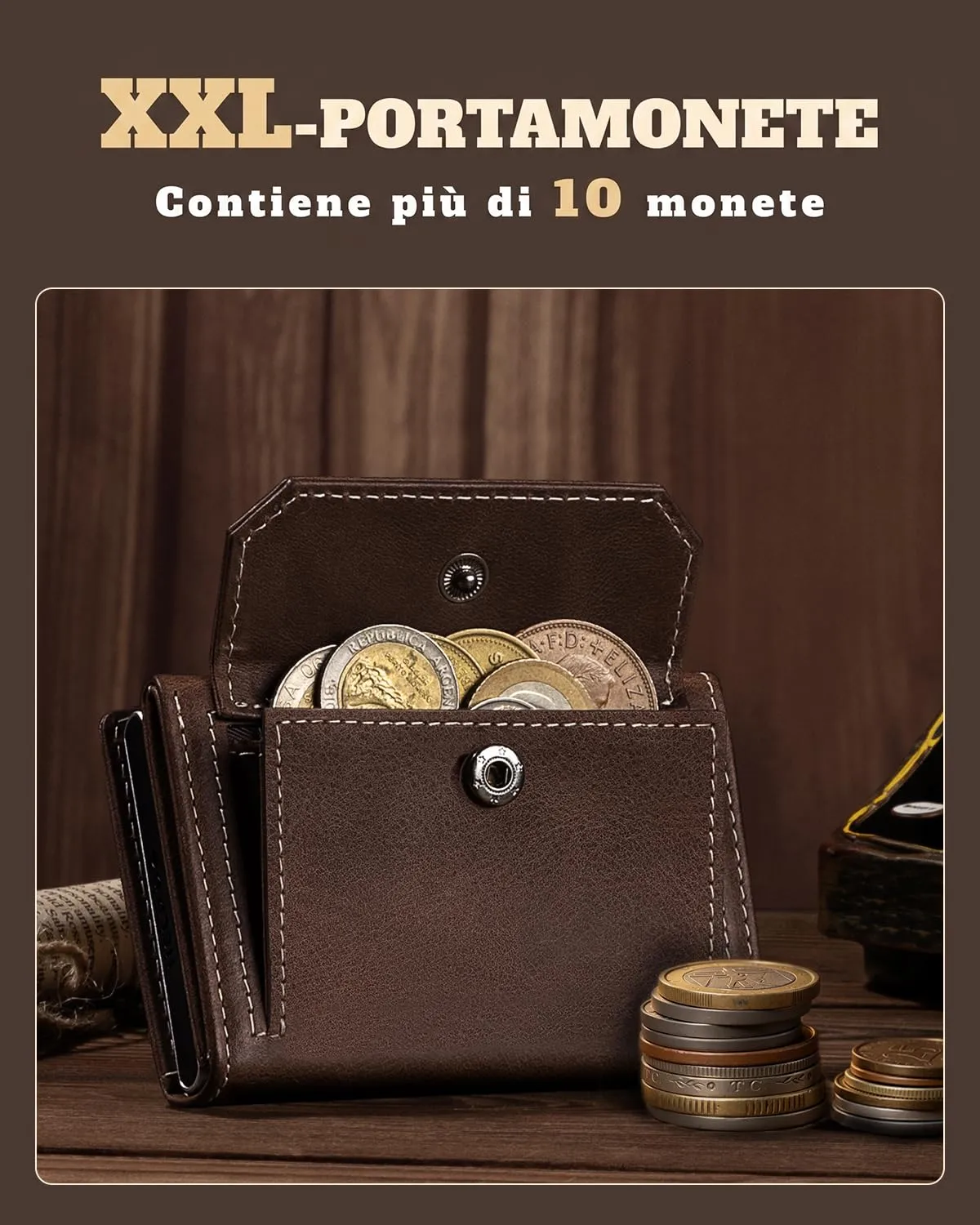 DODENSHA MagSnap Portafoglio da uomo Slim Wallet con scomparto per monete XL, protezione RFID (Marrone Argento) - immagine 2