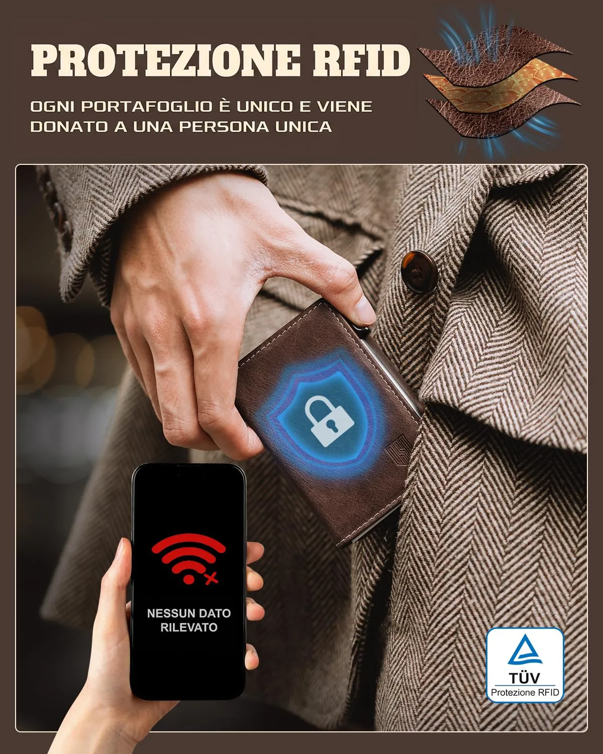 DODENSHA MagSnap Portafoglio da uomo Slim Wallet con scomparto per monete XL, protezione RFID (Marrone Argento) - immagine 4