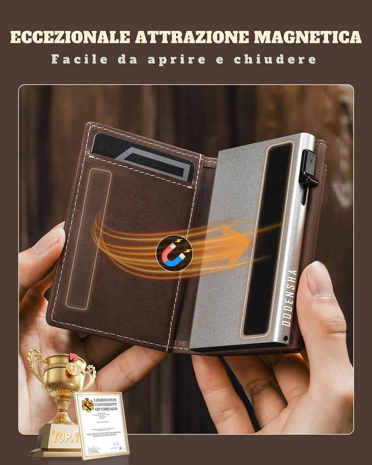 DODENSHA MagSnap Portafoglio da uomo Slim Wallet con scomparto per monete XL, protezione RFID (Marrone Argento) - immagine 6