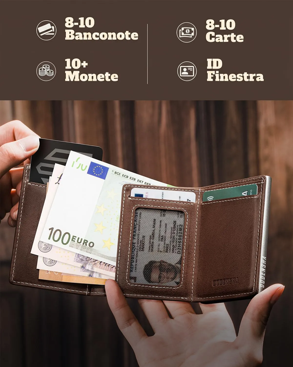 DODENSHA MagSnap Portafoglio da uomo Slim Wallet con scomparto per monete XL, protezione RFID (Marrone Argento) - immagine 7