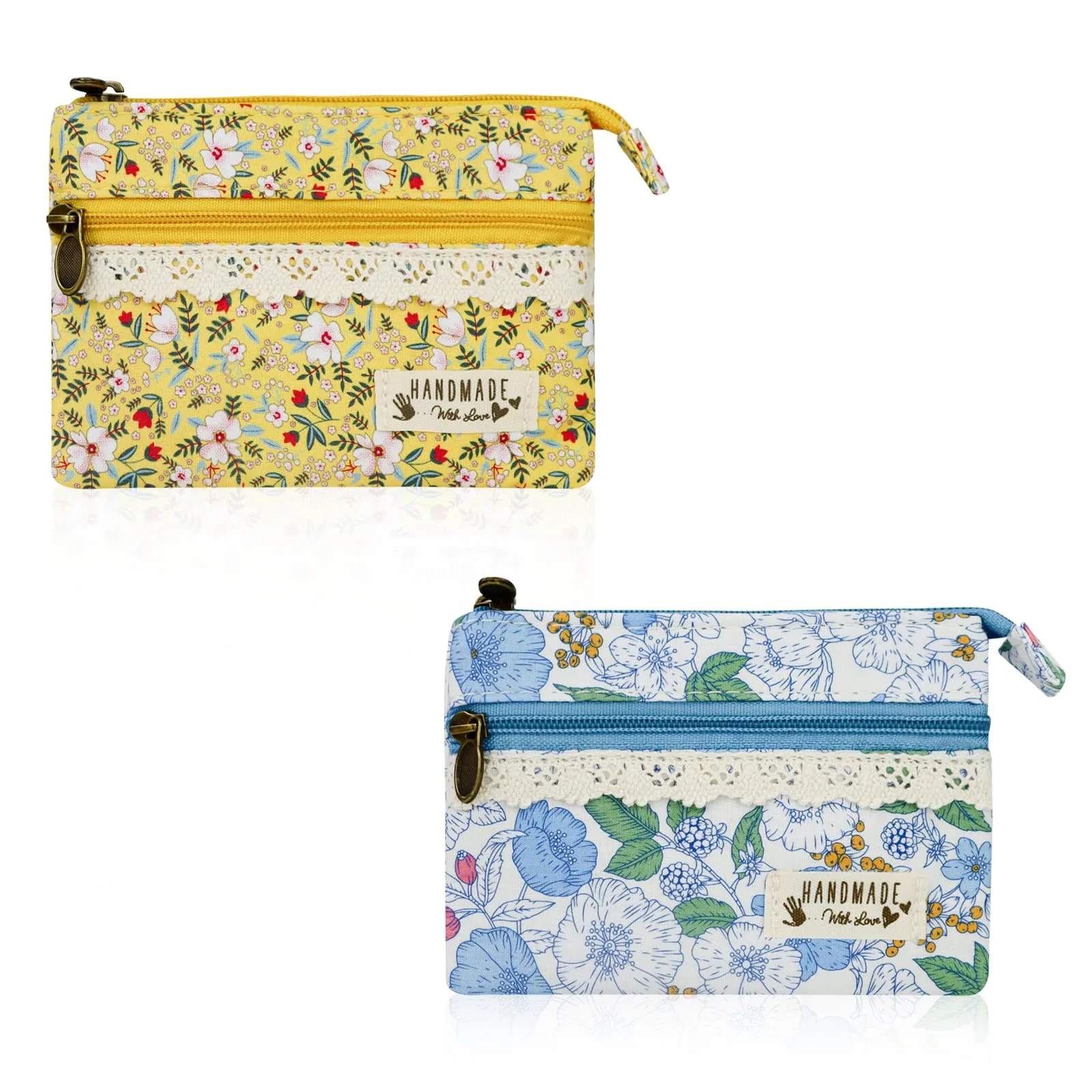 FuninCrea Portamonete Donna in Cotone con Motivo Floreale e 2 Tasche con Cerniera, Set da 2 Pezzi - immagine 1