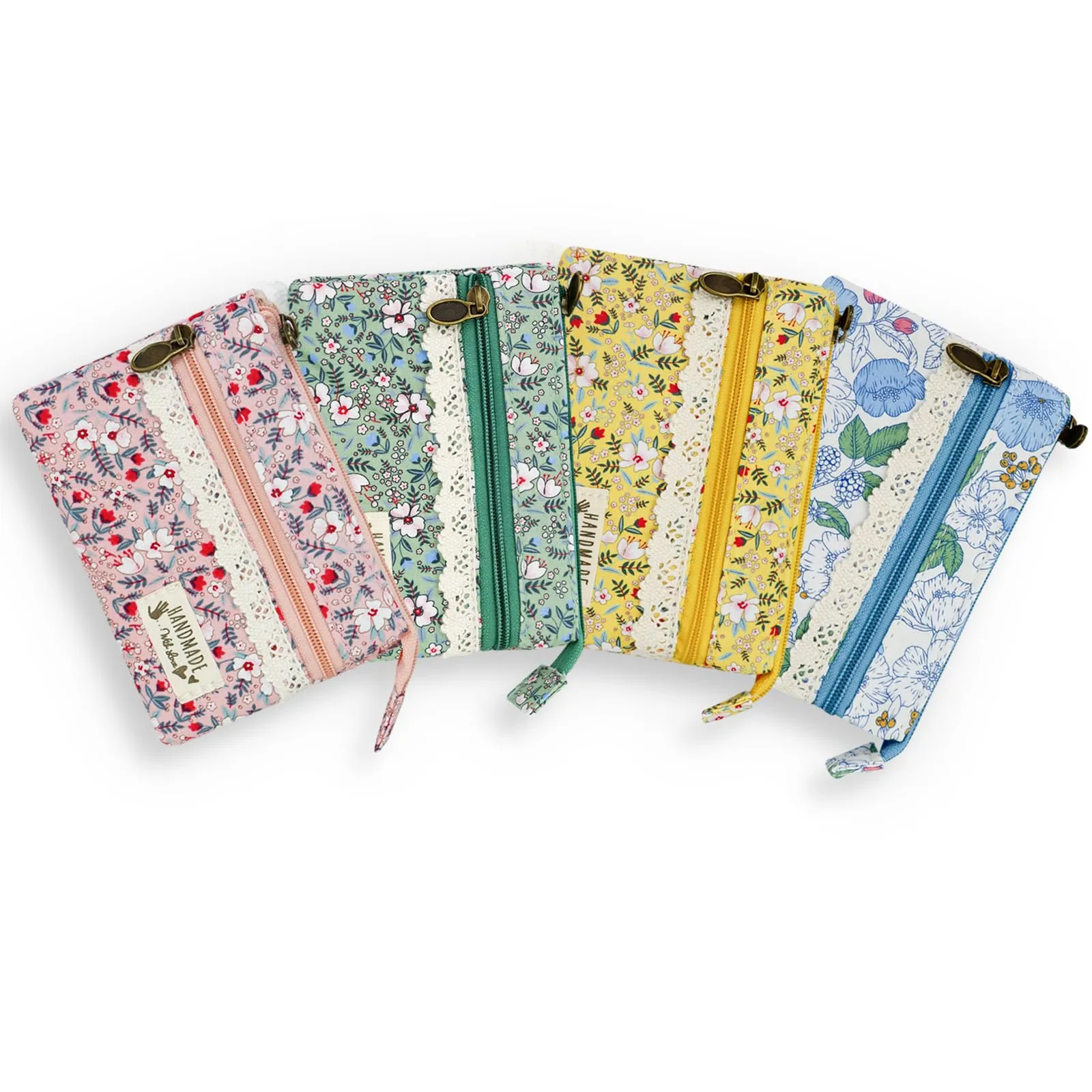 FuninCrea Mini Portamonete da Donna in Cotone, 2 Tasche con Cerniera, Motivo Floreale, Rosa - immagine 6