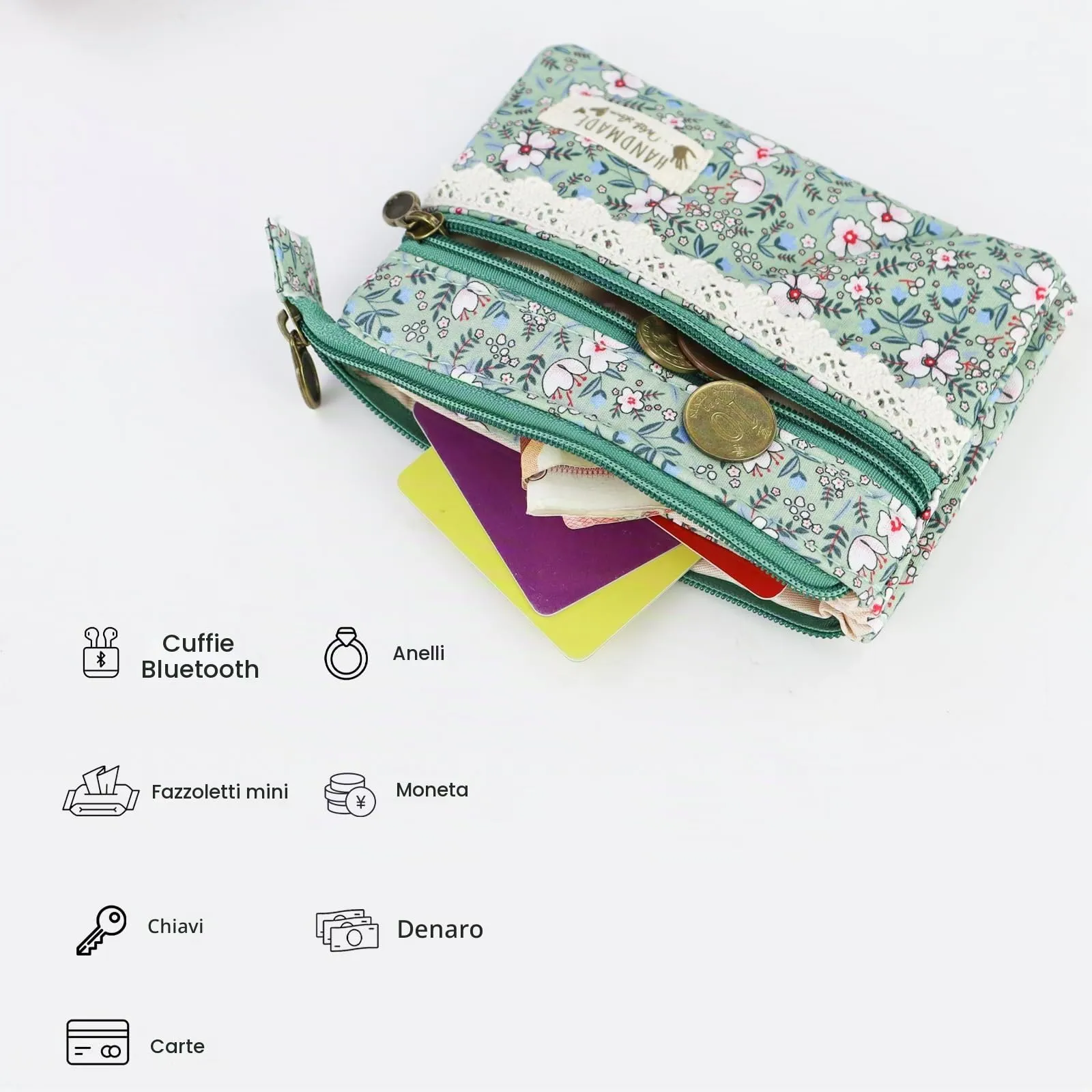 FuninCrea Mini Portamonete da Donna in Cotone con 2 Tasche con Cerniera, Motivo Floreale, Verde - immagine 5