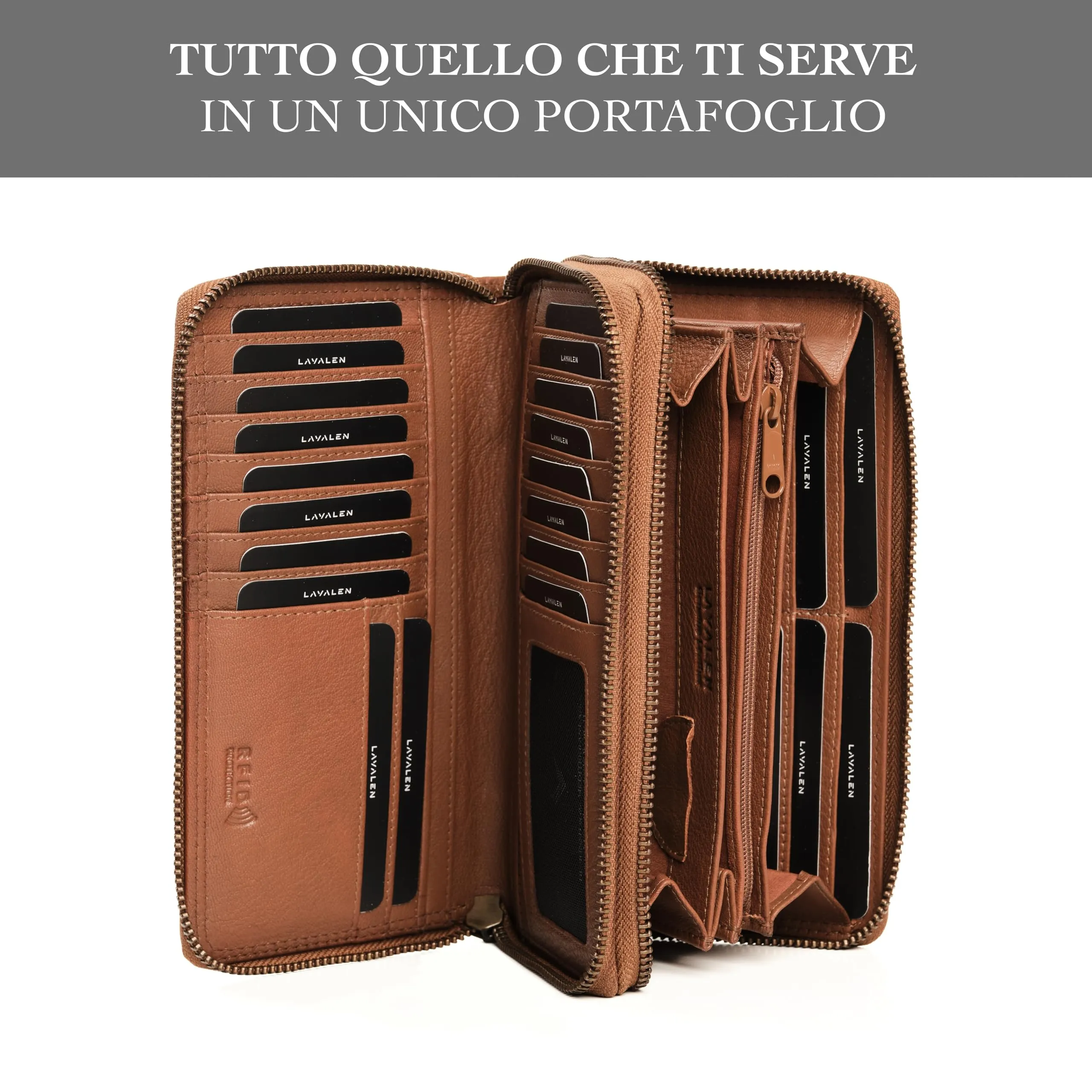 Lavalen Portafoglio Donna in Vera Pelle con 30 Tasche RFID e Doppia Cerniera - Cognac Quadrato - immagine 2