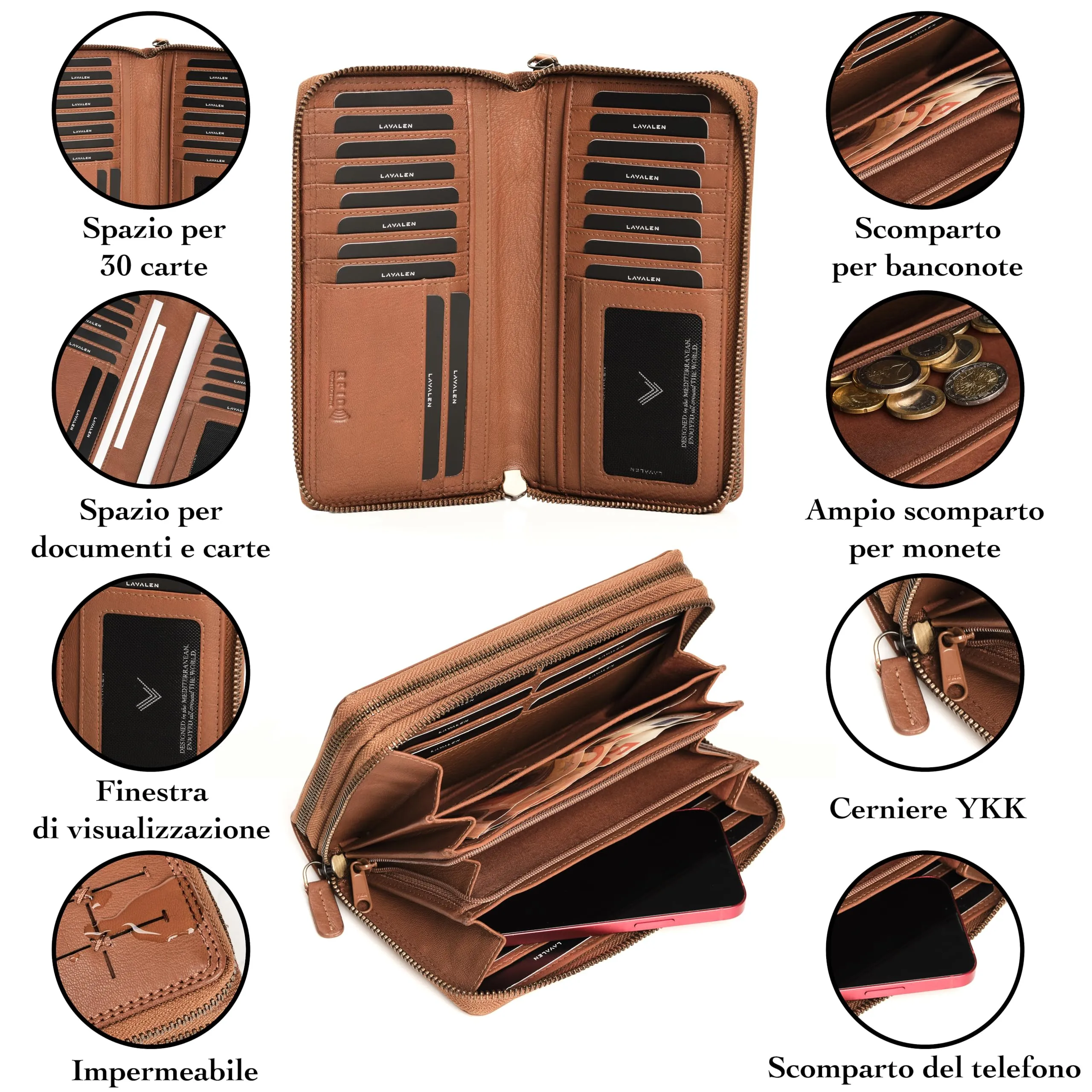 Lavalen Portafoglio Donna in Vera Pelle con 30 Tasche RFID e Doppia Cerniera - Cognac Quadrato - immagine 3