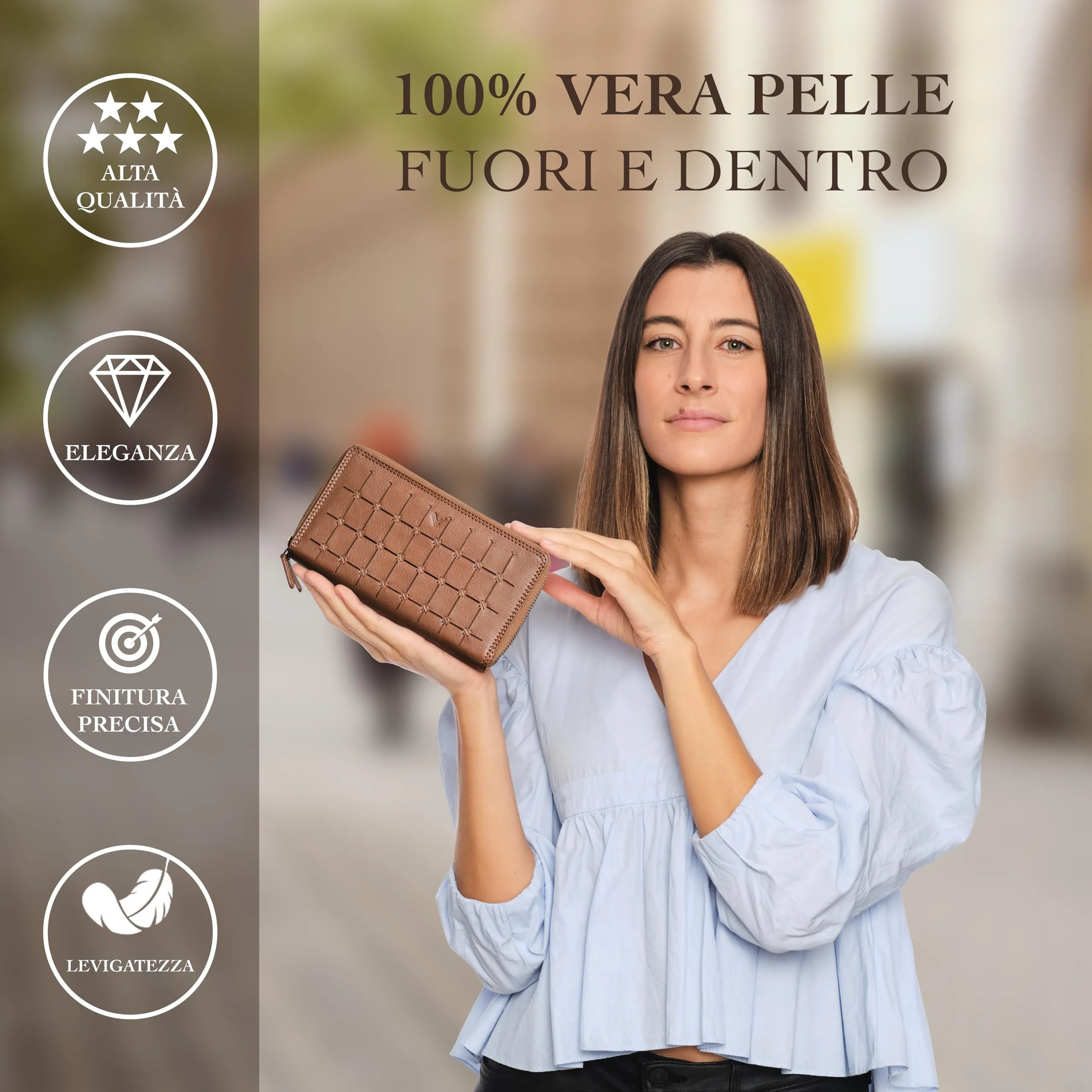 Lavalen Portafoglio Donna in Vera Pelle con 30 Tasche RFID e Doppia Cerniera - Cognac Quadrato - immagine 4